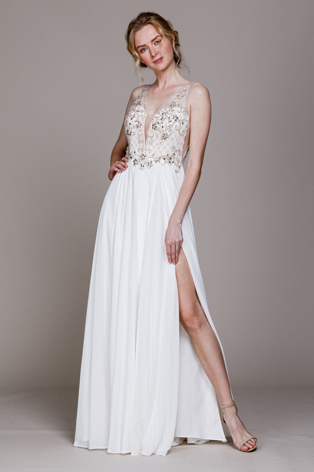 Embroidered Bodice Side Slit Long Wedding Dress AC590 Elsy Style Wedding Dress