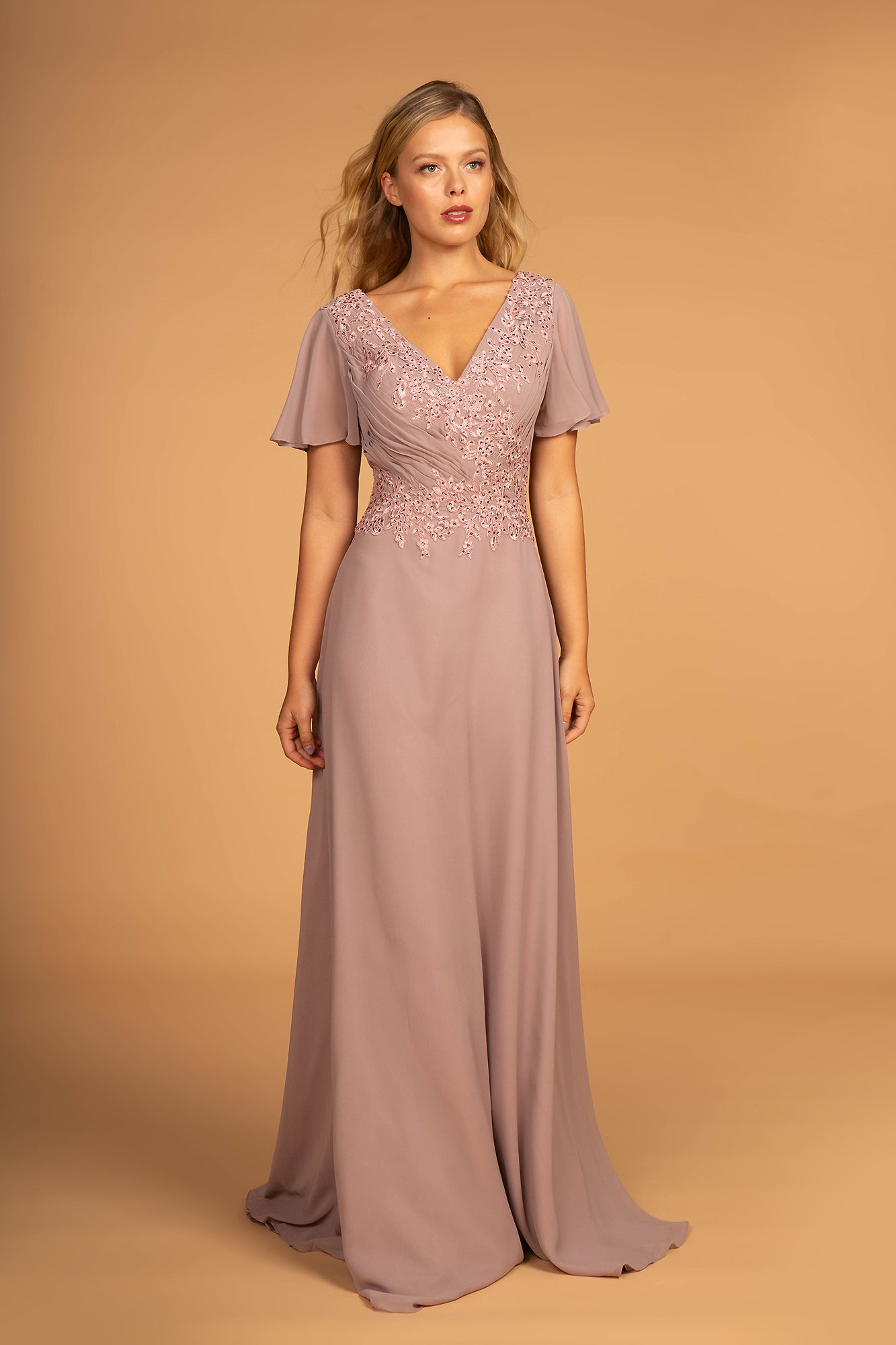 Embroidered Bodice V-Neck Chiffon Long Dress GLGL2520 Elsy Style MOTHER OF BRIDE