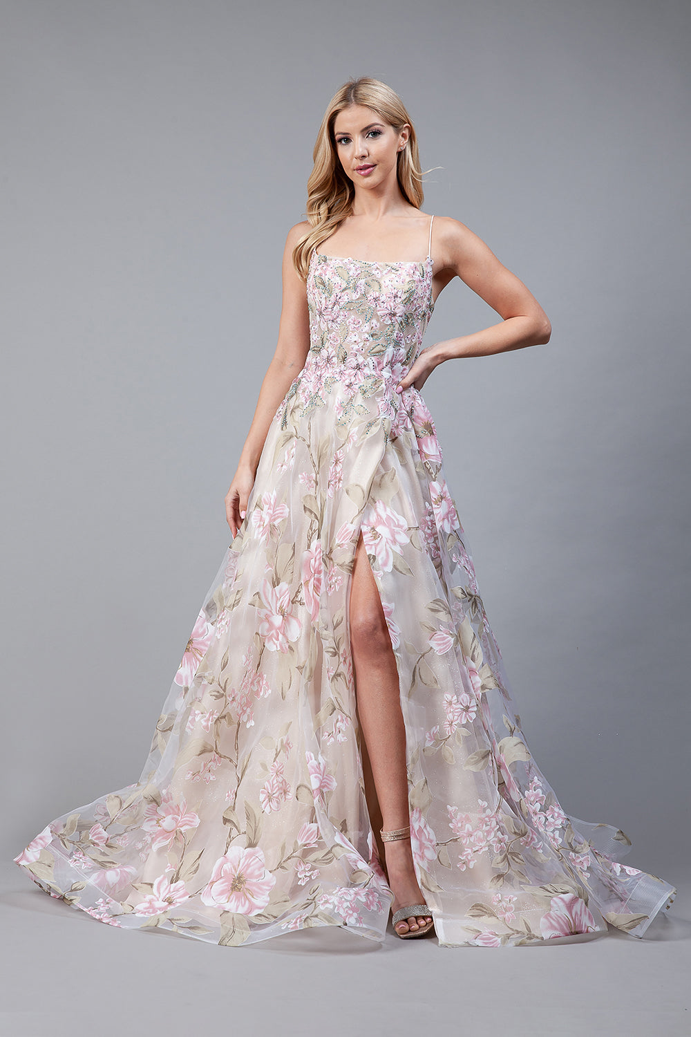 Embroidered Flowers Straight Across Side Slit Long Prom Dress AC2105 Sale Elsy Style Prom Dress