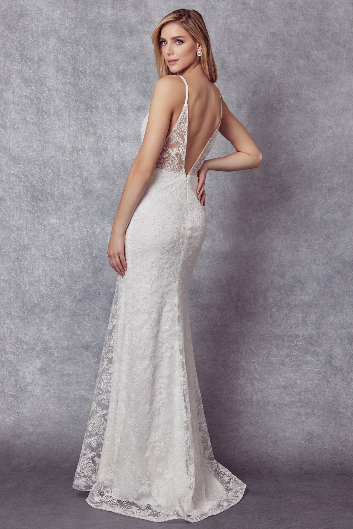 Embroidered Glitter Illusion V-Neck Long Wedding Dress JT272W Elsy Style Wedding Dress
