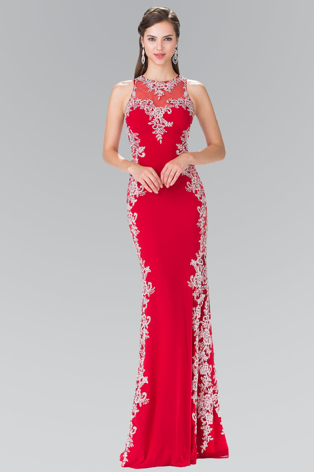 Embroidered Jersey Long Dress with Open Back GLGL2320 Elsy Style PROM