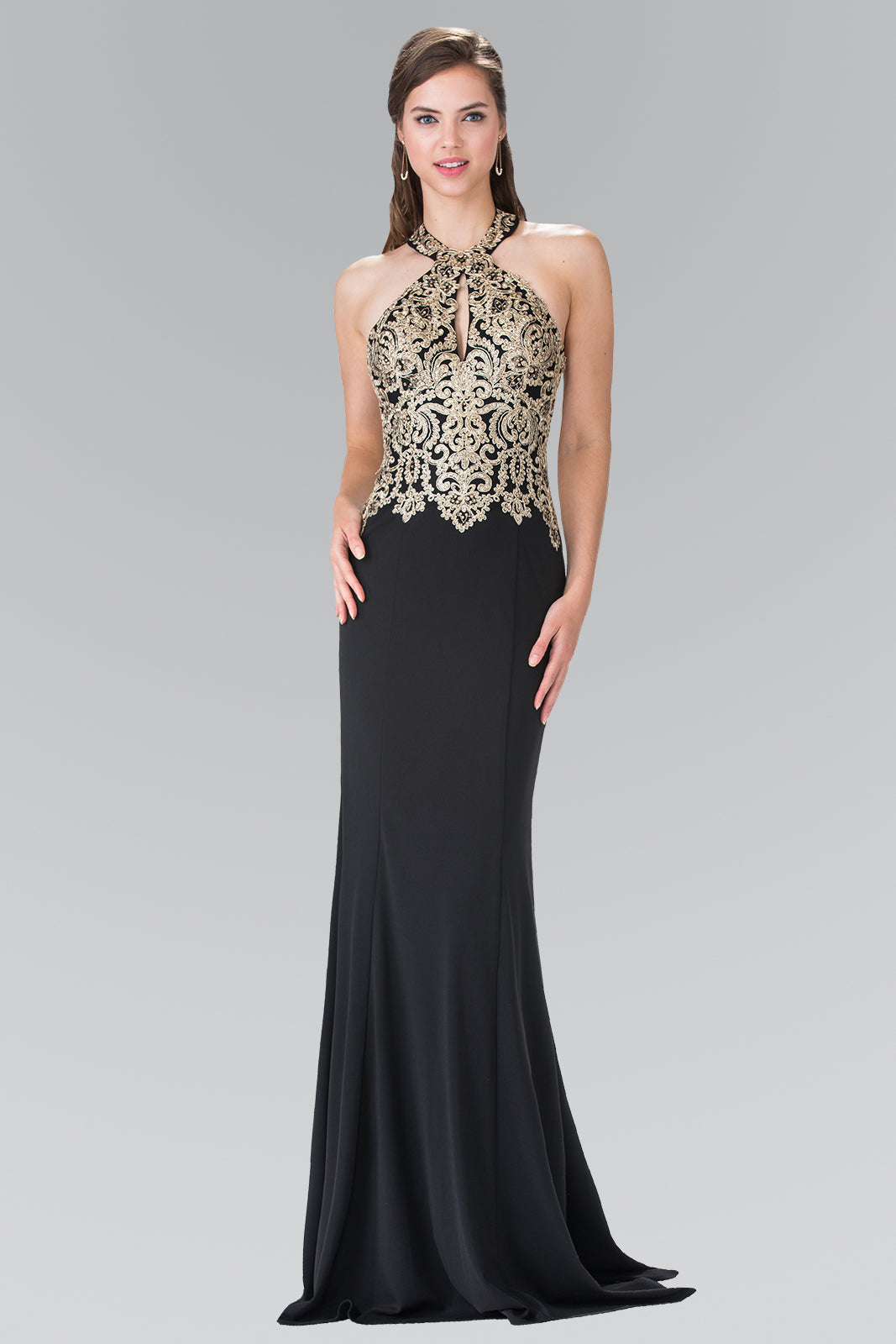 Embroidered Neck Halter Jersey Long Dress with Open Back GLGL2231 Elsy Style PROM