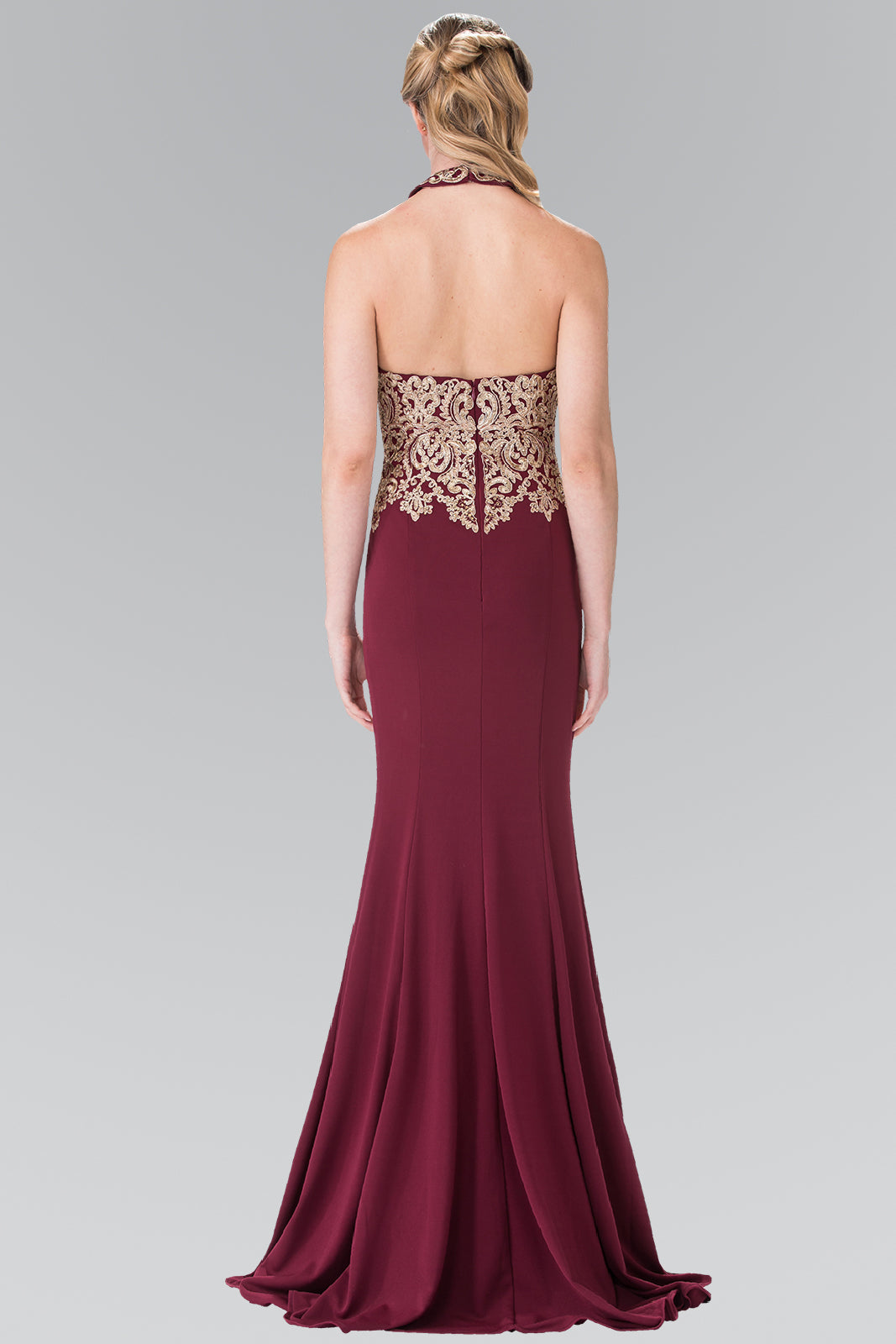 Embroidered Neck Halter Jersey Long Dress with Open Back GLGL2231 Elsy Style PROM