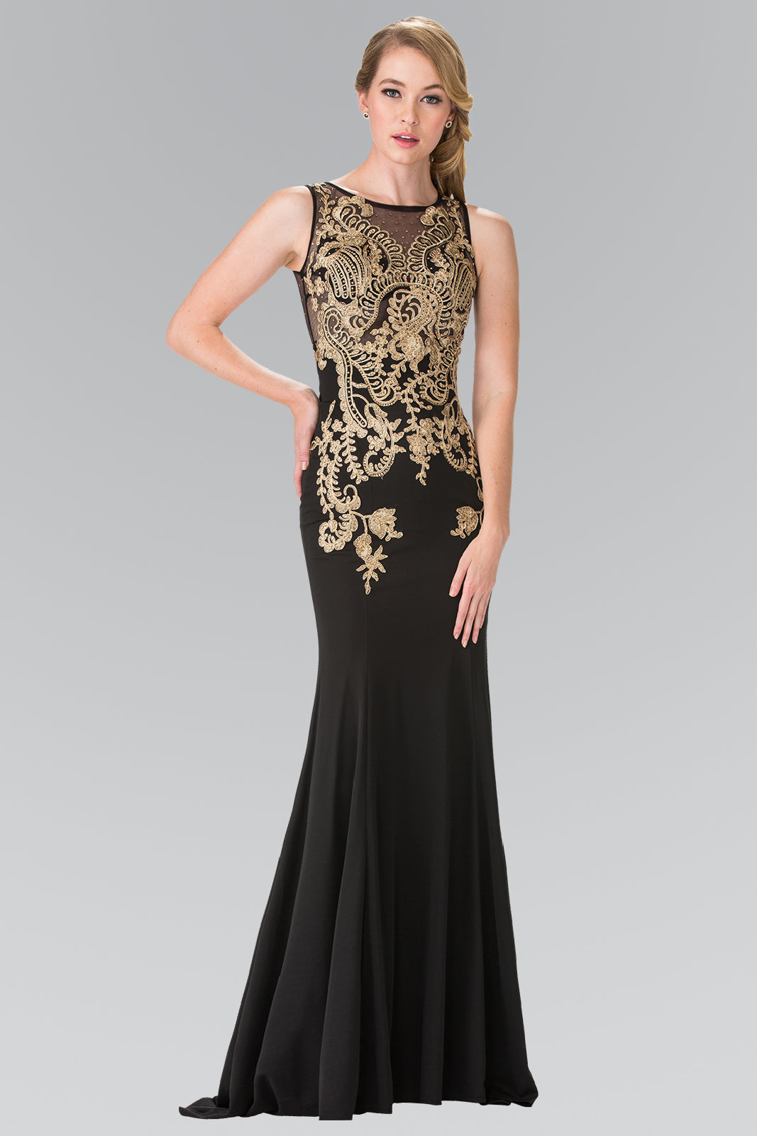 Embroidered Sleeveless Long Jersey Dress with Sheer Bodice GLGL2230 Elsy Style PROM