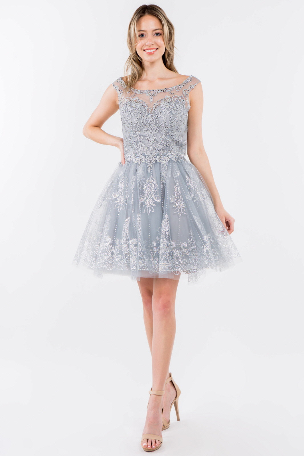 Embroidery Embellished Bodice Glitter Pattern Mesh Skirt Short Dress GLGS1964 Elsy Style HOMECOMING