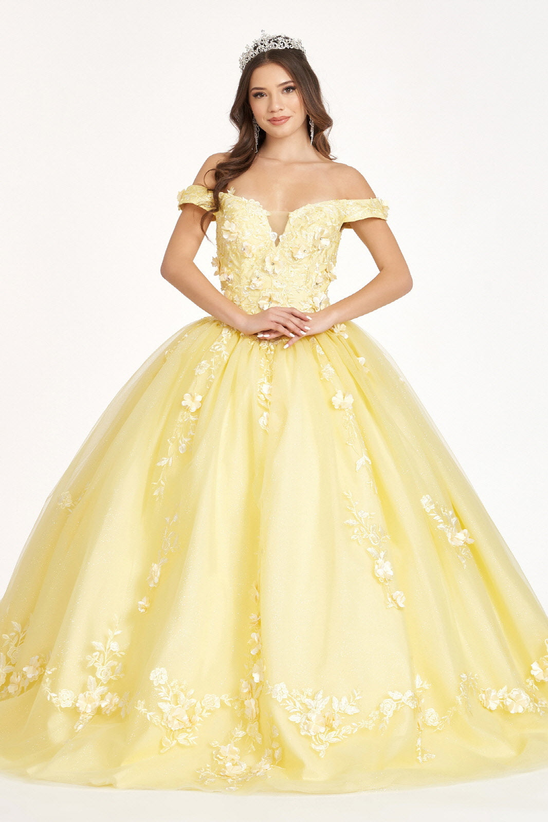 Embroidery Embellished Glitter-Mesh Cut-Away Shoulder Quinceanera Dress GLGL1958 Elsy Style QUINCEANERA
