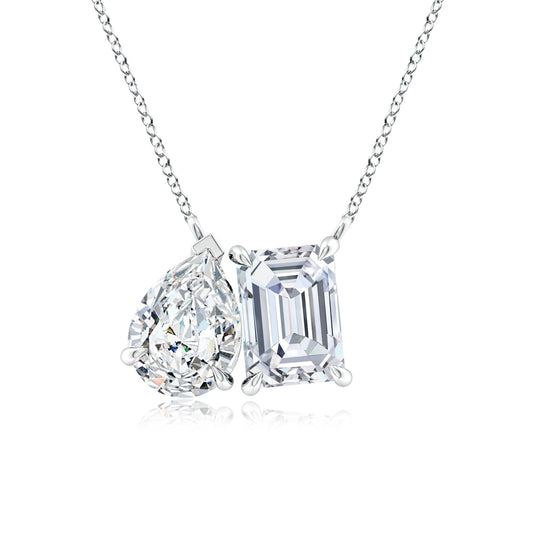 AGI Certified Lab-Grown Emerald-Cut & Pear Diamond Two-Stone Pendant in 14K White Gold – Choice of 1ctw or 2ctw