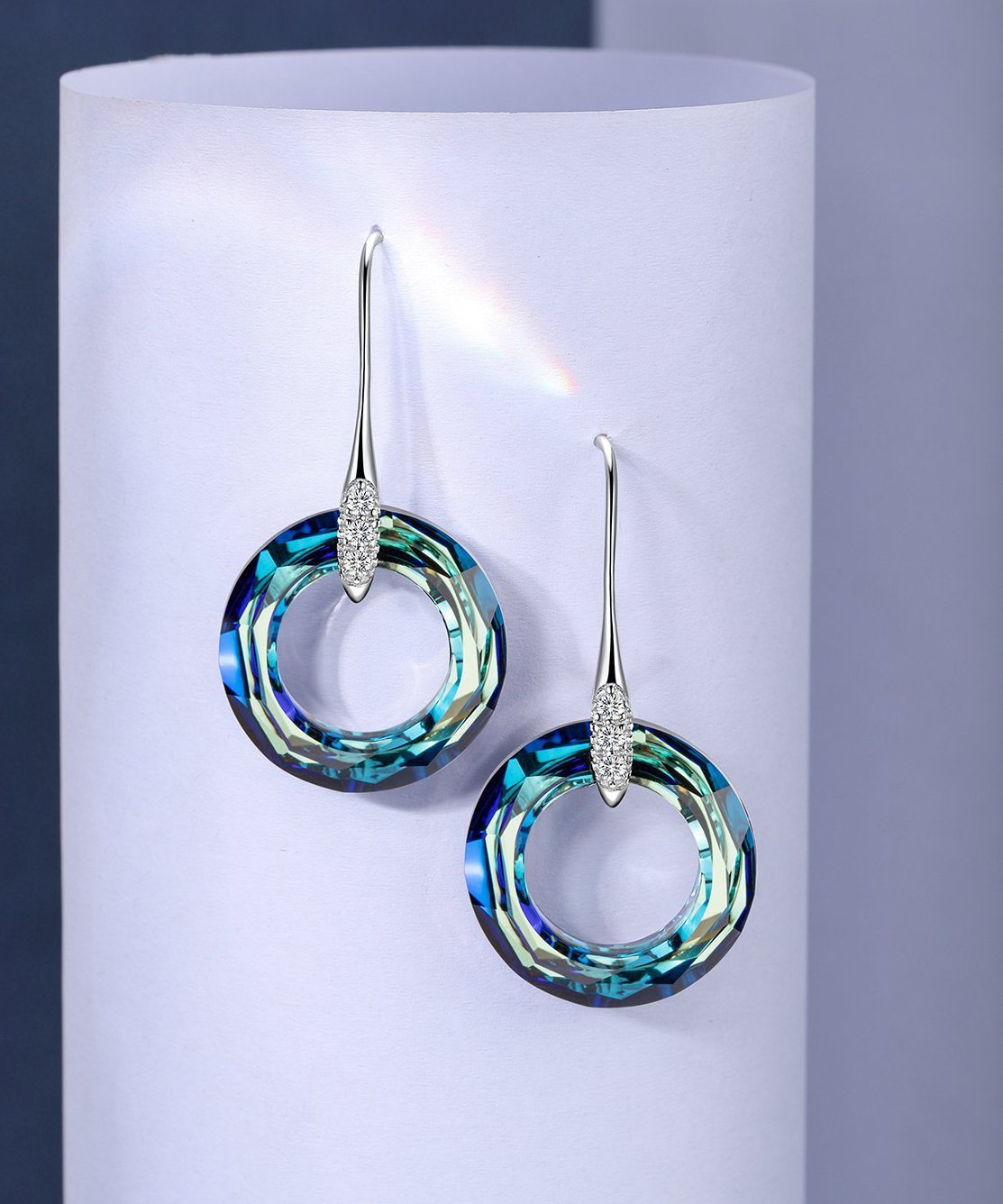 Enlightening Dangle Earrings With Austrian Crystals - Bermuda Blue in 18K White Gold Plated ITALY Design Elsy Style Earring