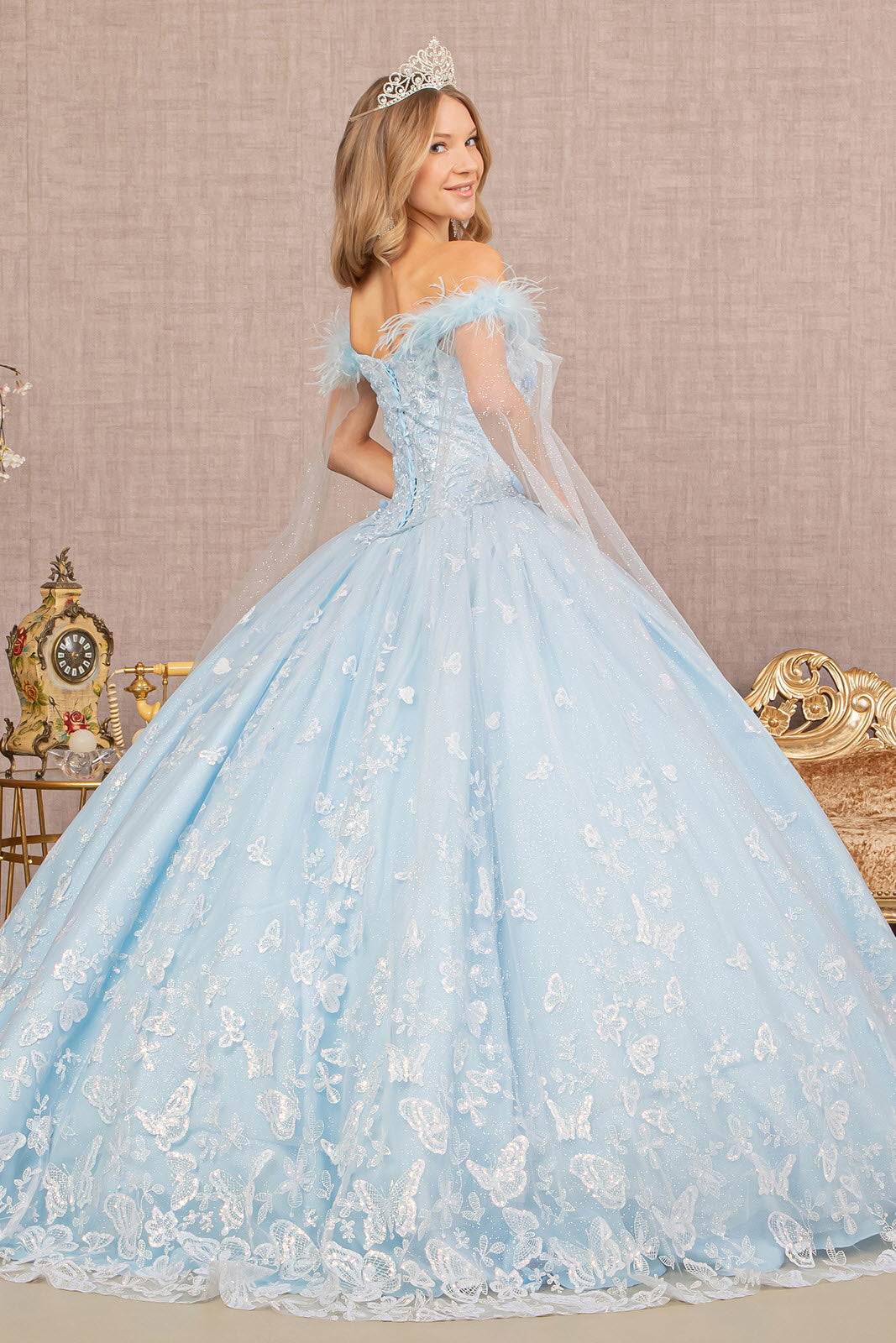 Feather 3-D Flower Quinceanera Gown Detachable Side Mesh Layer GLGL3166 Elsy Style QUINCEANERA