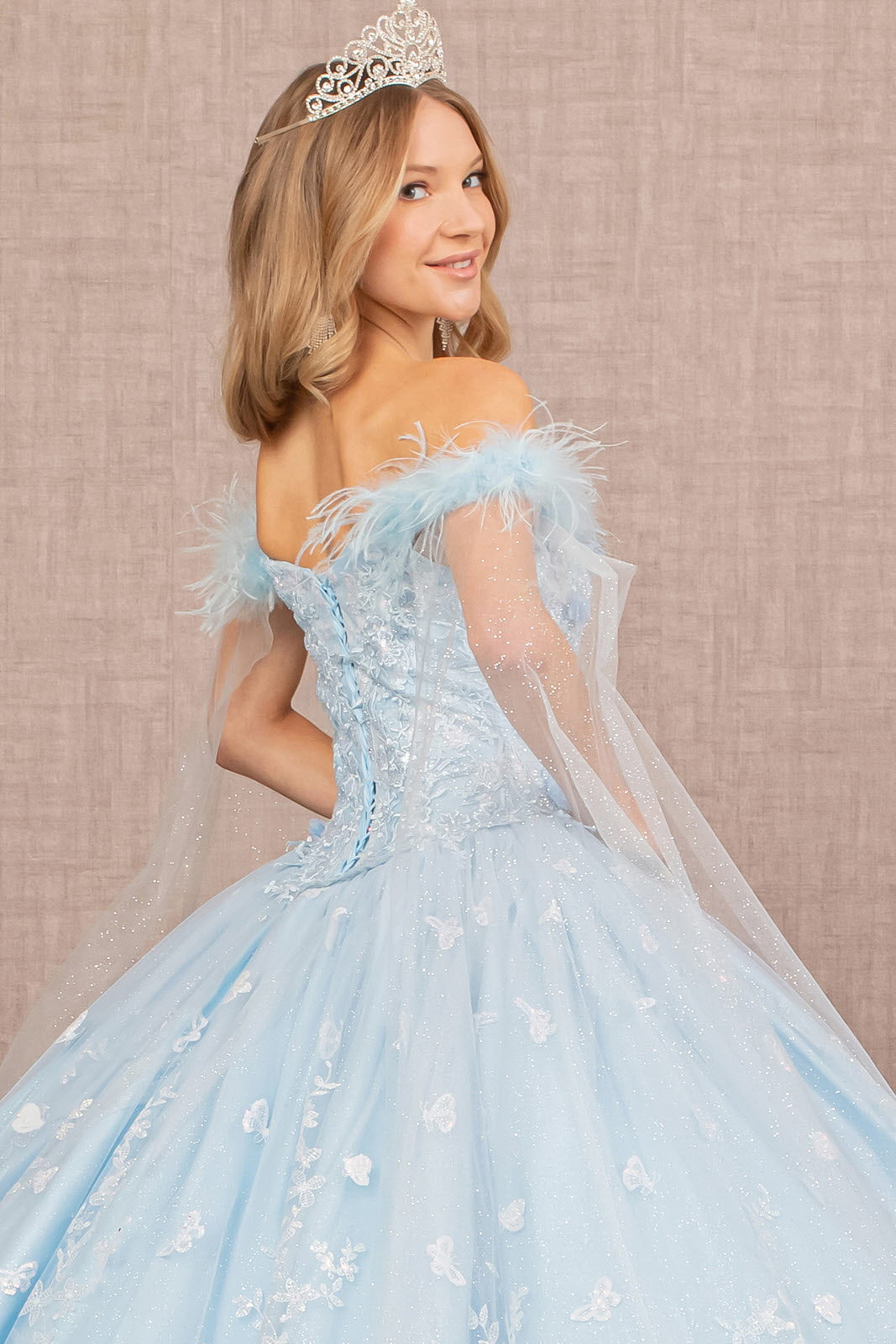 Feather 3-D Flower Quinceanera Gown Detachable Side Mesh Layer GLGL3166 Elsy Style QUINCEANERA