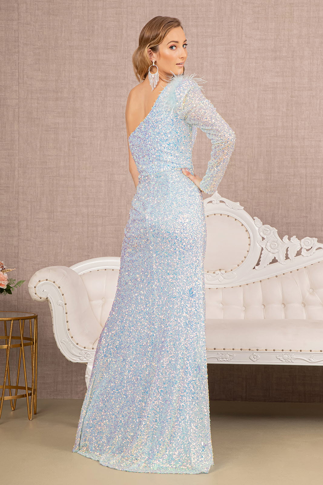 Feather Sequin Asymmetric Long Sleeve Mesh Mermaid Dress GLGL3128 Elsy Style Prom Dress