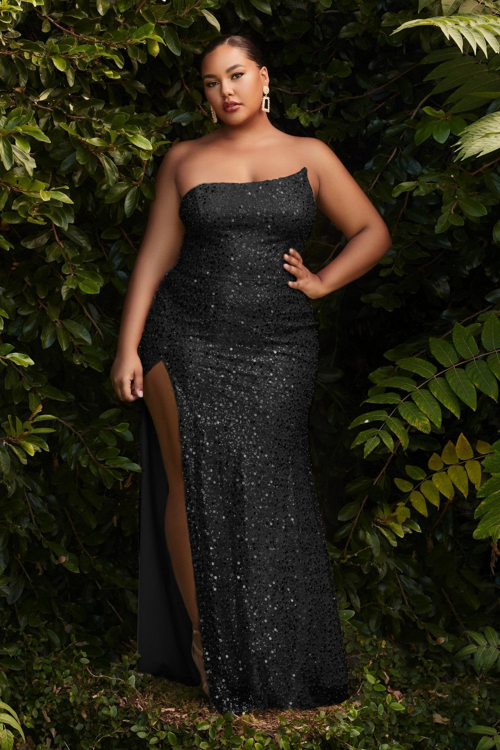 Fitted Assymetrical Glittery Curve Luxe Gown Embellished with sequins Plus Size Prom & Bridesmaid Dress with High Leg Slit CDCH165C Elsy Style Prom Dress