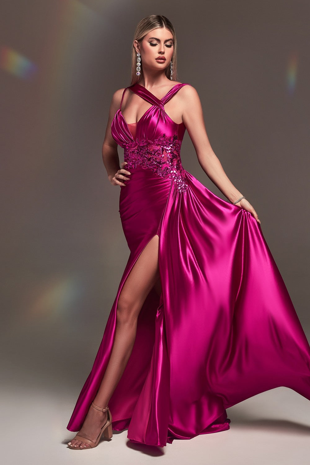 Fitted Satin Luxury Gala & Evening Prom Ball Gown Lace Detail One Shoulder Cute Sexy Formal Gown Plunging Neck Bodice CDCDS415 Elsy Style Evening Dress