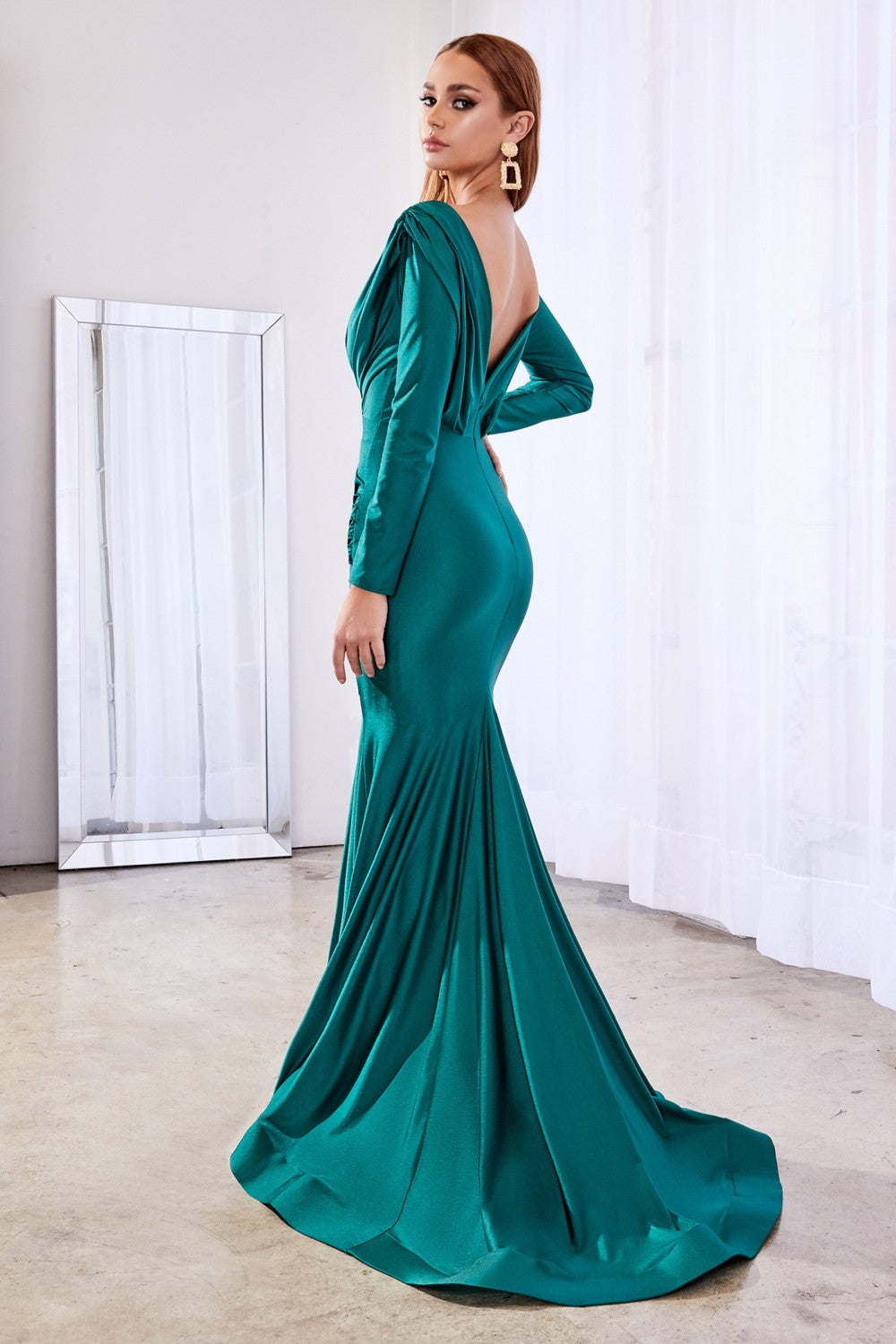 Fitted Stretch Jersey Ball Gown Wrapped Bodice with Deep V- Neckline Classic Sophisticated Silhouette Modest Long Sleeves CDCD0168 Elsy Style Mother Of The Bride Dress