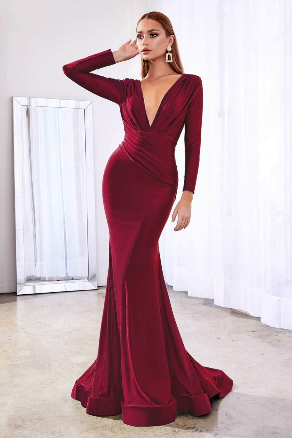 Fitted Stretch Jersey Ball Gown Wrapped Bodice with Deep V- Neckline Classic Sophisticated Silhouette Modest Long Sleeves CDCD0168 Sale Elsy Style Mother Of The Bride Dress
