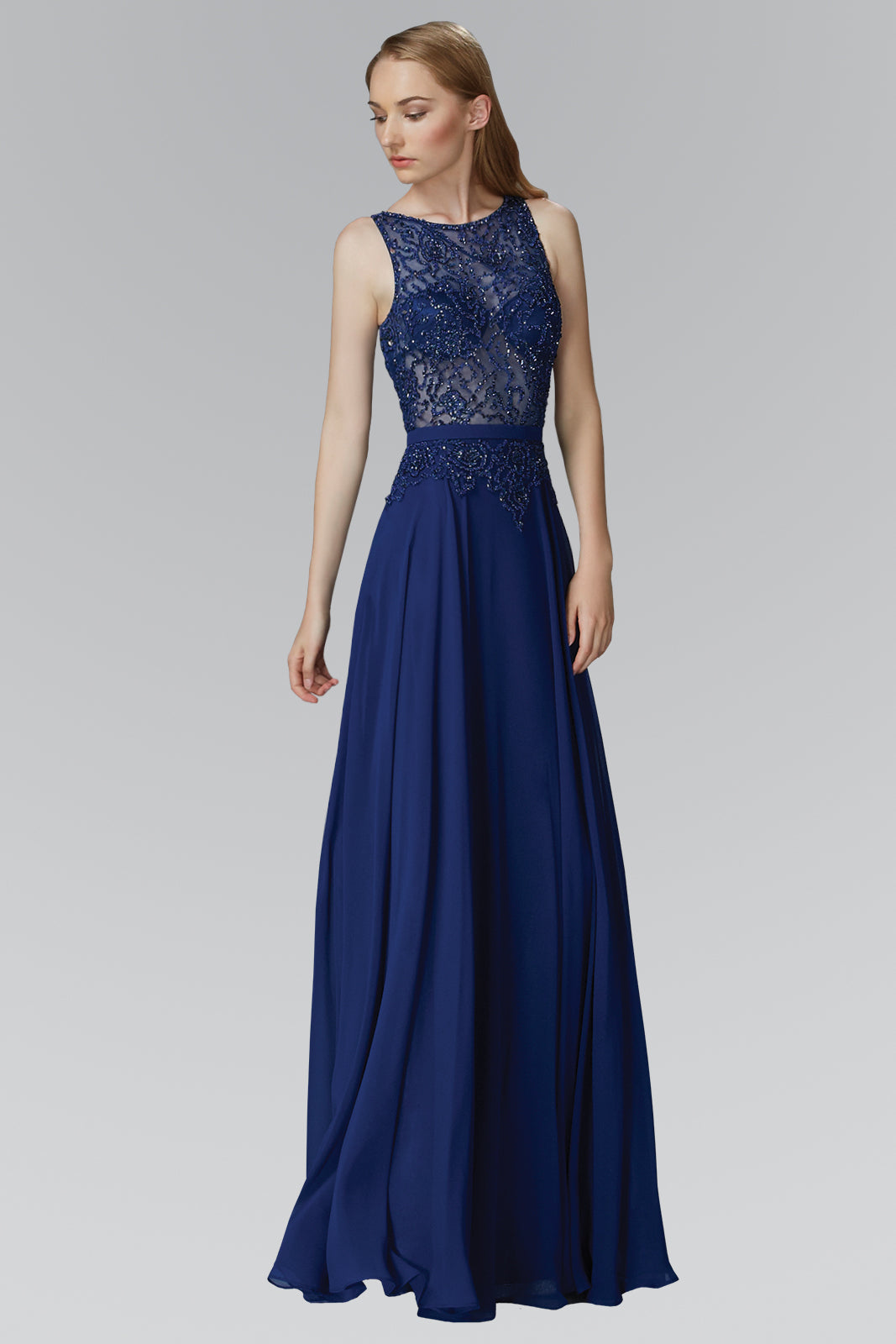 Floor Length Chiffon Long Dress with Bead Embellished Sheer Bodice GLGL2103 Elsy Style PROM
