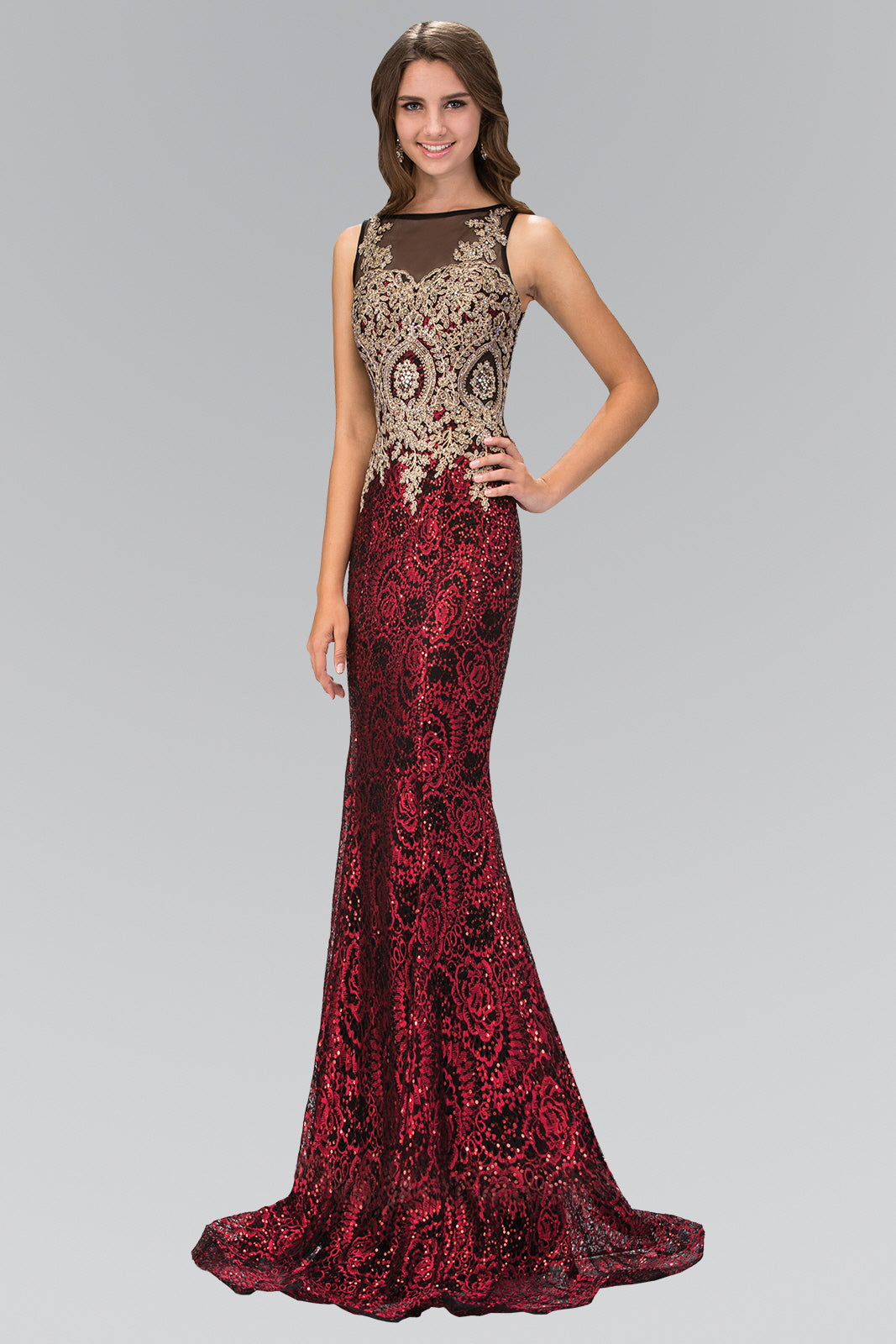 Floor Length Dress with Gold Lace on Bodice and Sequin on Skirt GLGL1319 Elsy Style PROM