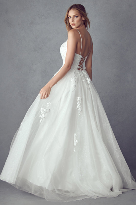 Floral Applique Tulle Embroidered Bodice Long Wedding Dress JT260W Elsy Style Wedding Dress