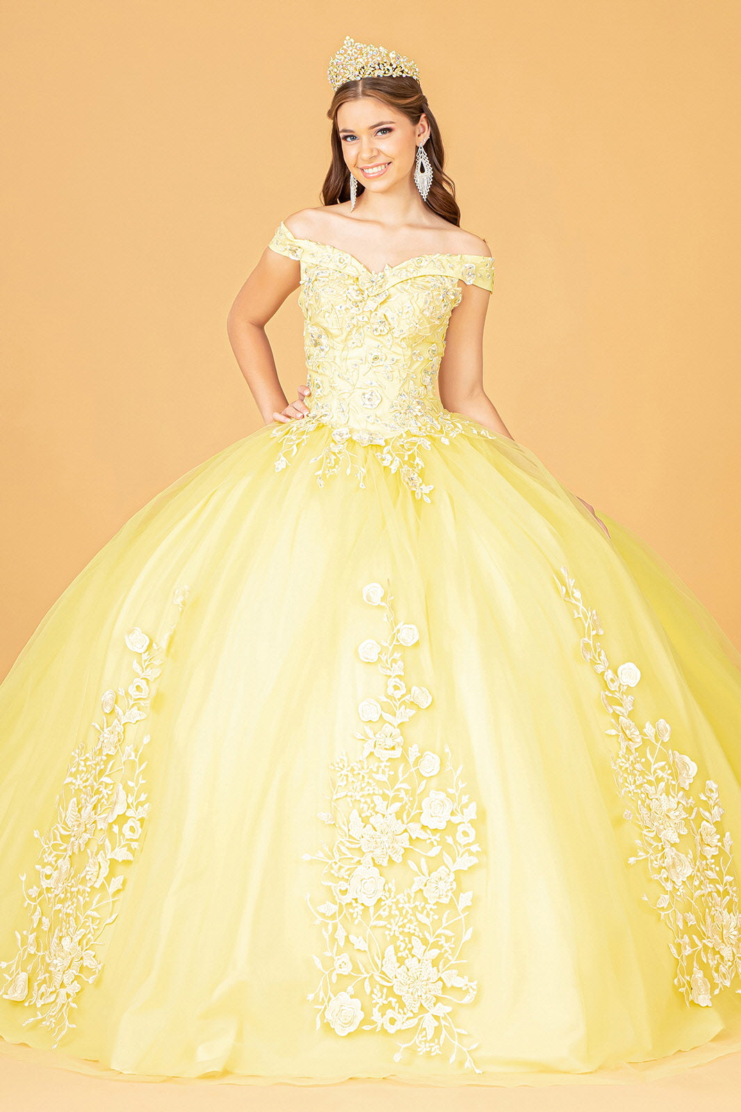 Floral Embroidery and Jewel Embellished V-Neck Mesh Ball Gown GLGL2802 Elsy Style QUINCEANERA
