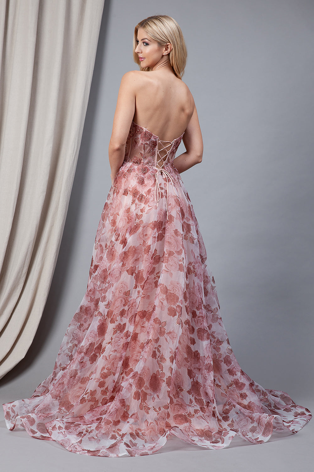 Floral Strapless Side Slit Embellished Jewel Long Prom Dress AC2106 Elsy Style Prom Dress