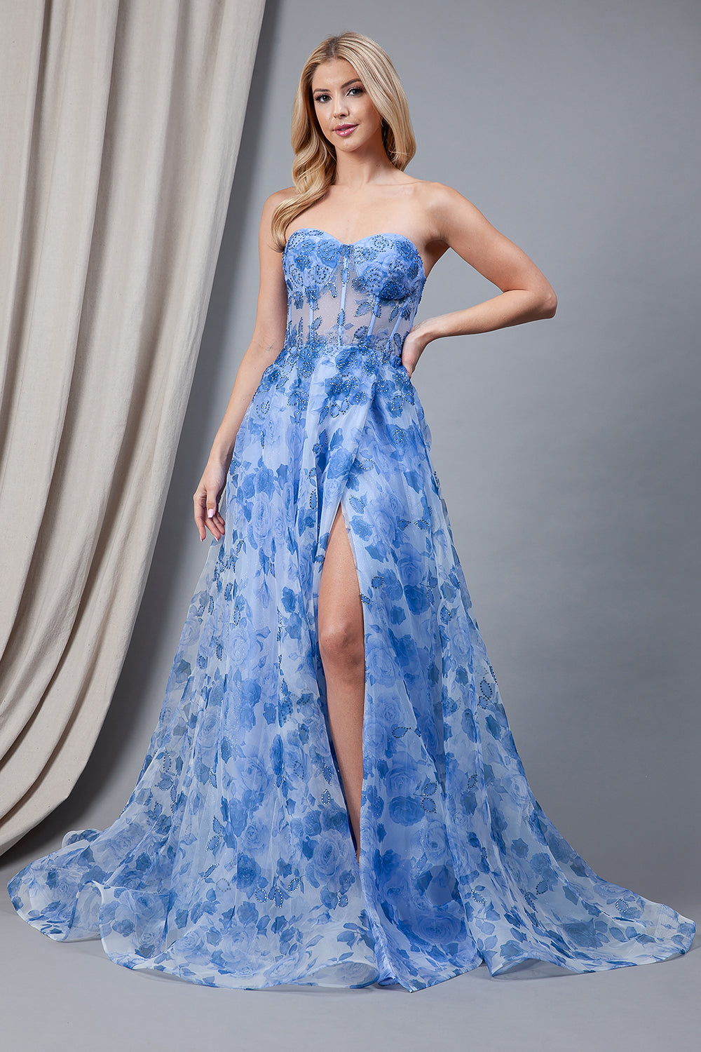 Floral Strapless Side Slit Embellished Jewel Long Prom Dress AC2106 Elsy Style Prom Dress
