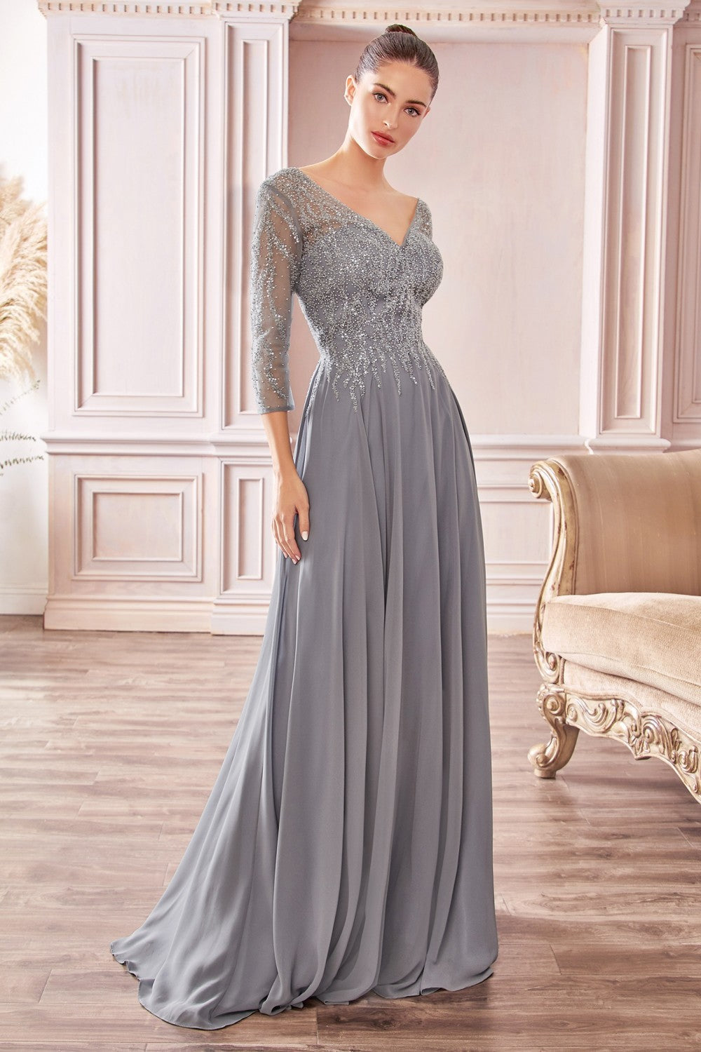 Flowy Chiffon A-line Prom & Ball Gown Luxury Mother Of Bride Style Three-quarter Sleeves and Trickle Embellished Bodice CDCD0171 Elsy Style Mother of the Bride Dress