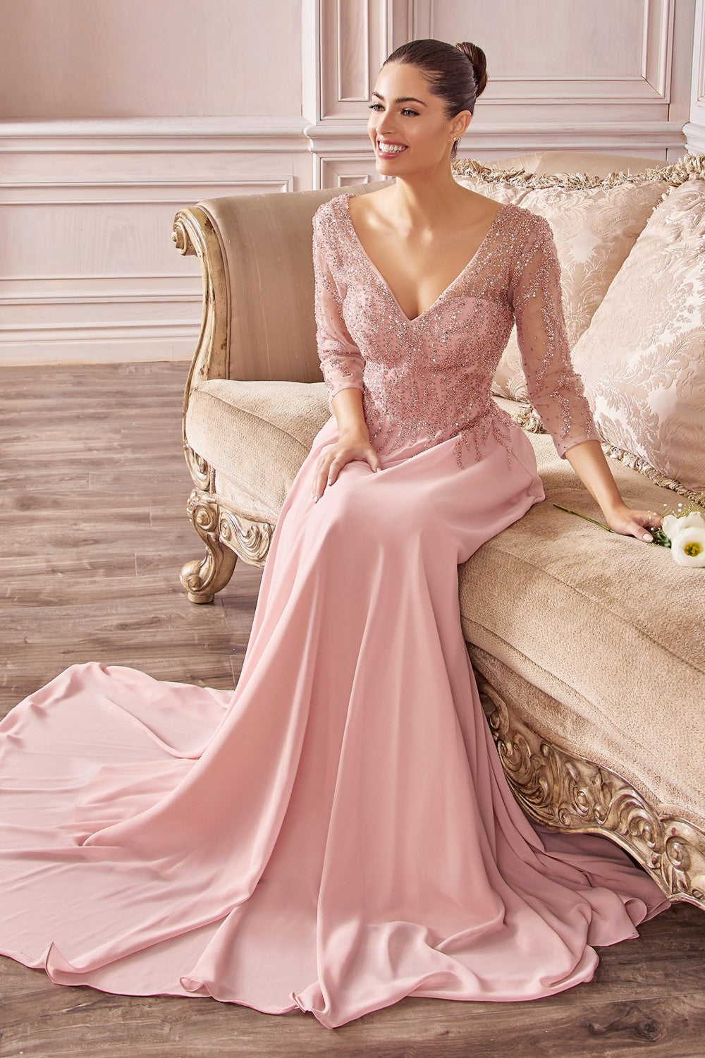 Flowy Chiffon A-line Prom & Ball Gown Luxury Mother Of Bride Style Three-quarter Sleeves and Trickle Embellished Bodice CDCD0171 Elsy Style Mother of the Bride Dress