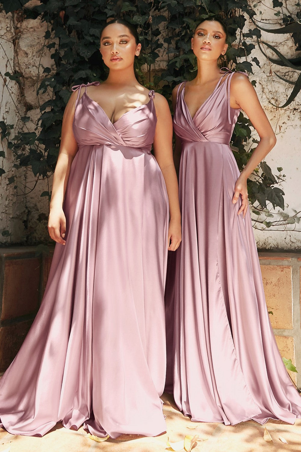 Flowy Satin Prom Gown A-Line Skirt with High Leg Slit Fitted on Waist Bodice Vintage Neckline with Tied Straps CDBD105 Elsy Style Bridesmaid