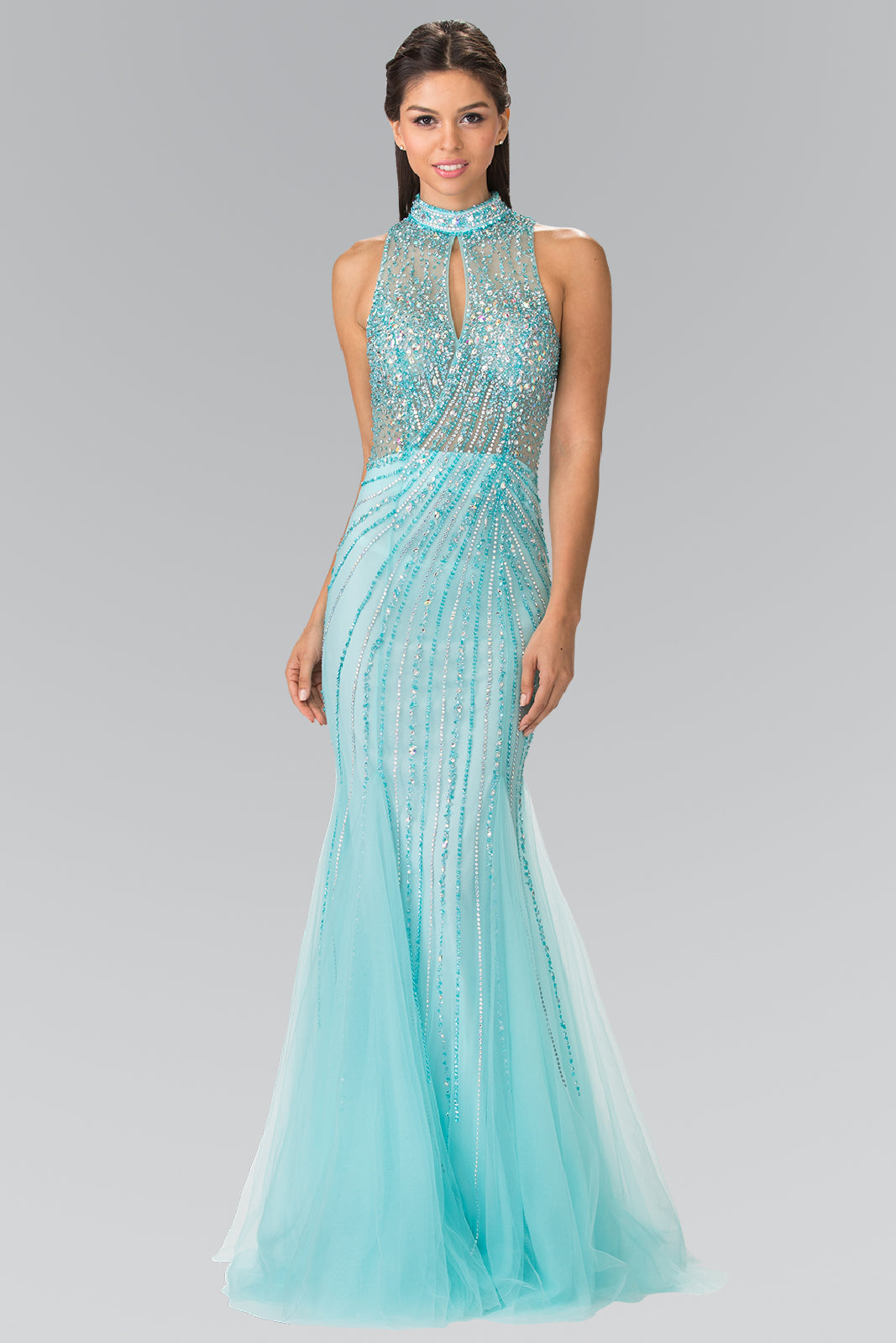 Full Beaded Halter Neck Illusion Top Dress with Open Back GLGL2330 Elsy Style PROM
