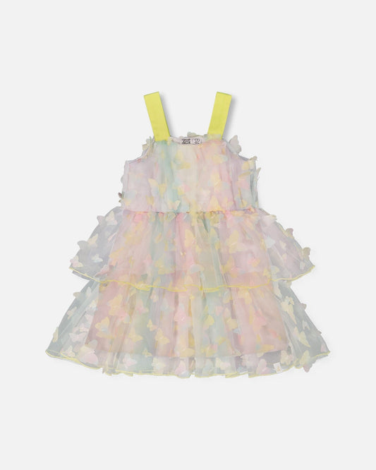 Tiered Printed Mesh Dress Multicolored With Butterflies