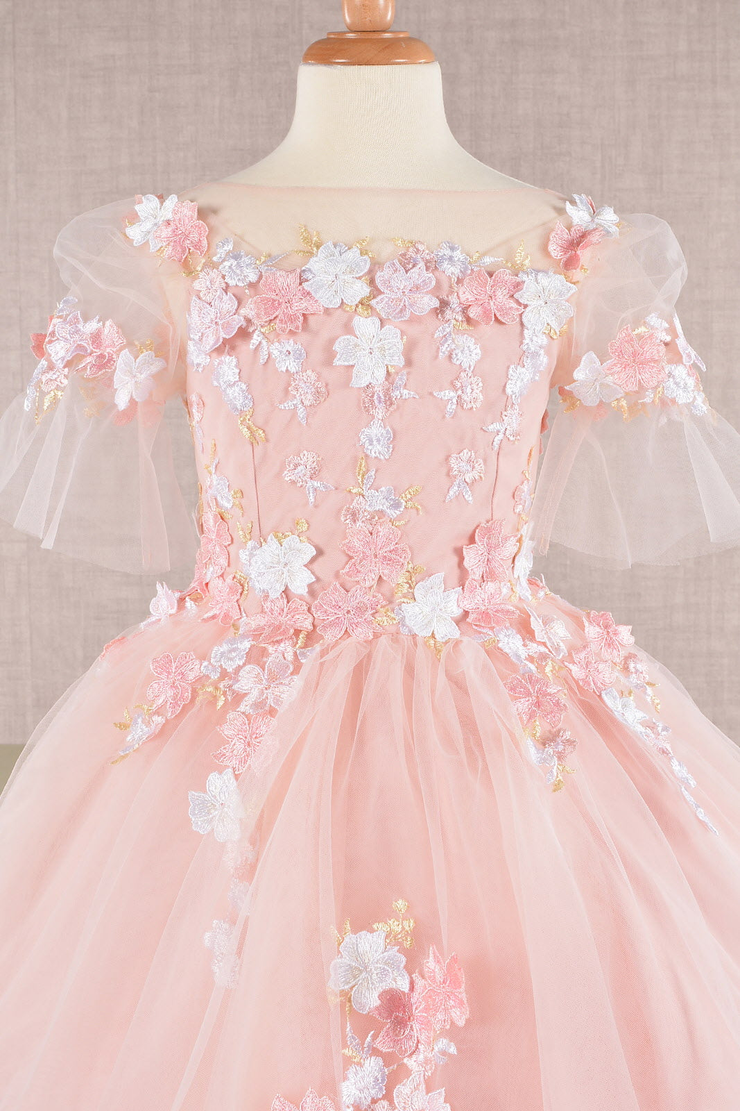 3D Floral Applique Mesh Kids Dress with Long Back Hem