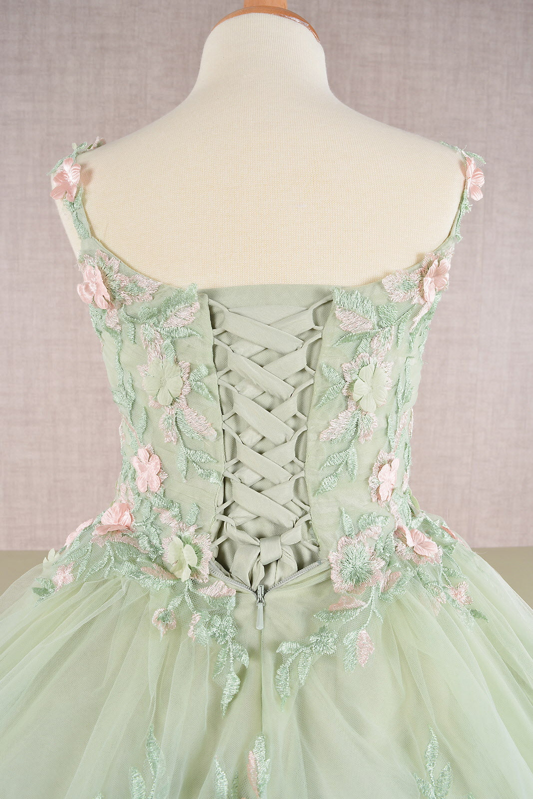 GK109 Floral Embroidery Embellished Ruched Bodice Mesh Kids Dress with Lace-up Back