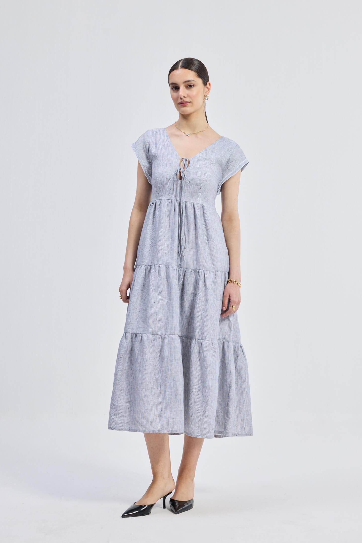 Maxi Tiered Dress with Front-ties in Linen Stripes