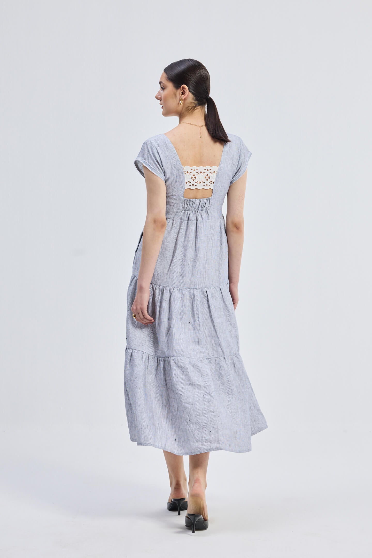 Maxi Tiered Dress with Front-ties in Linen Stripes