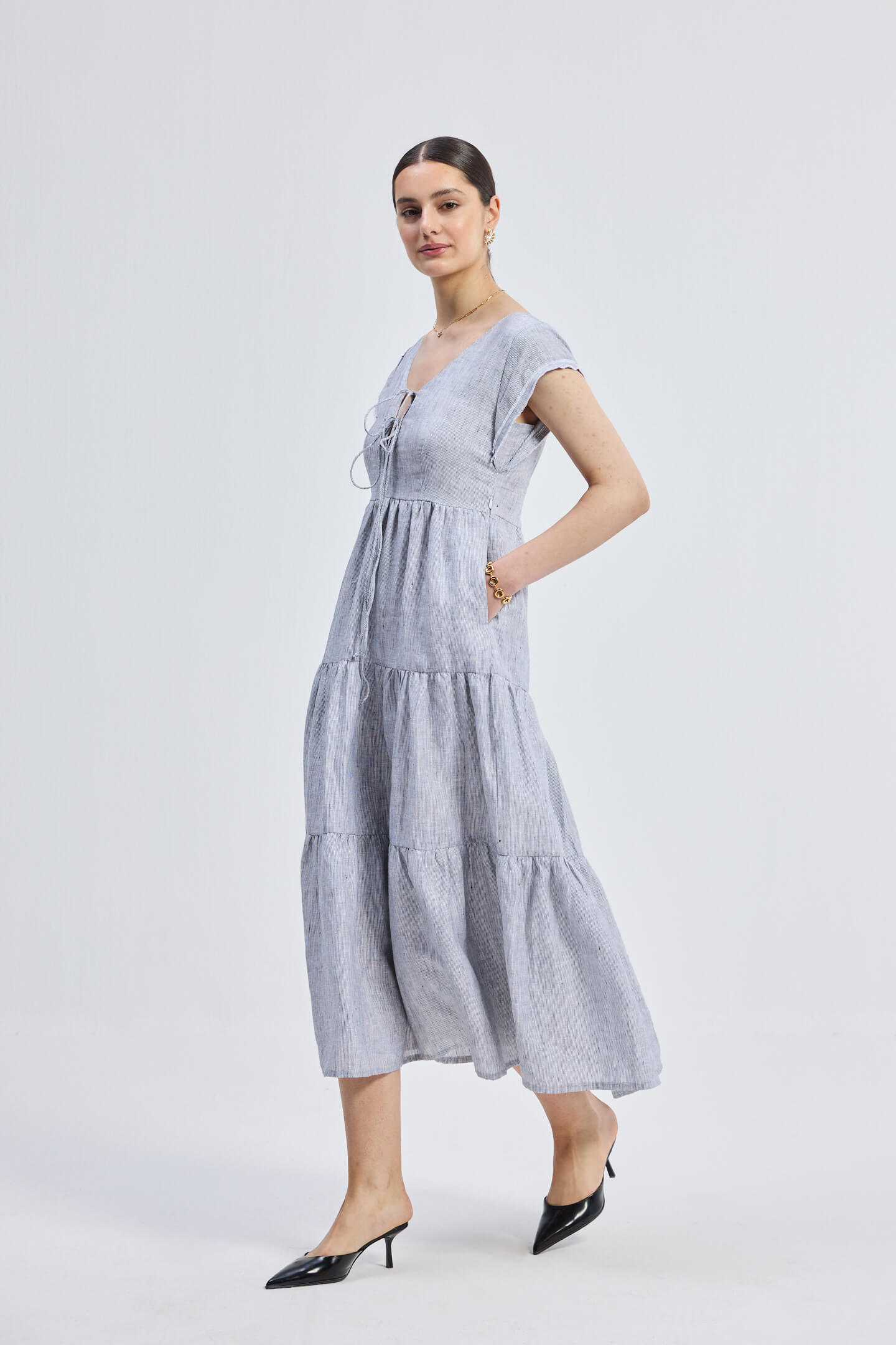 Maxi Tiered Dress with Front-ties in Linen Stripes