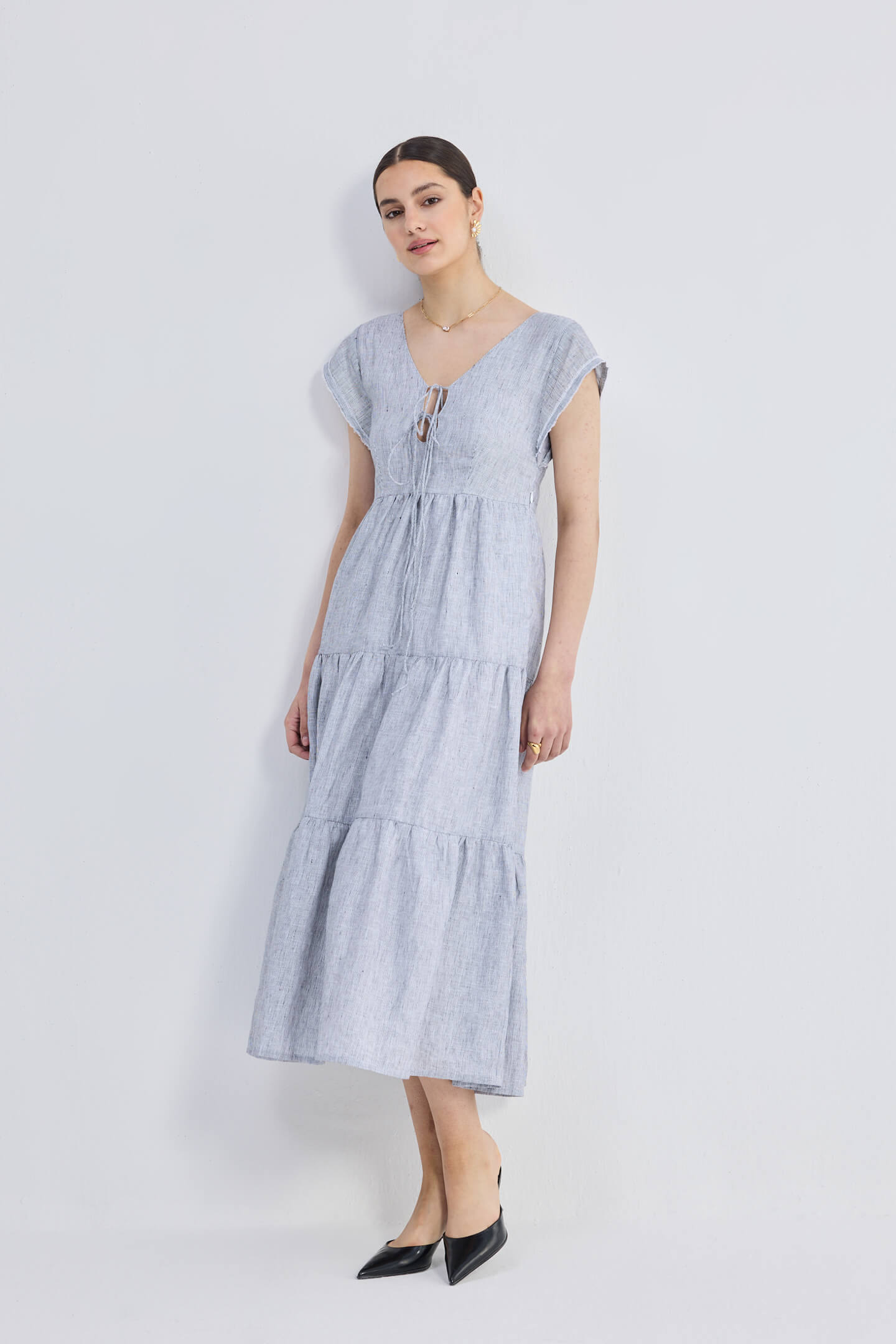 Maxi Tiered Dress with Front-ties in Linen Stripes