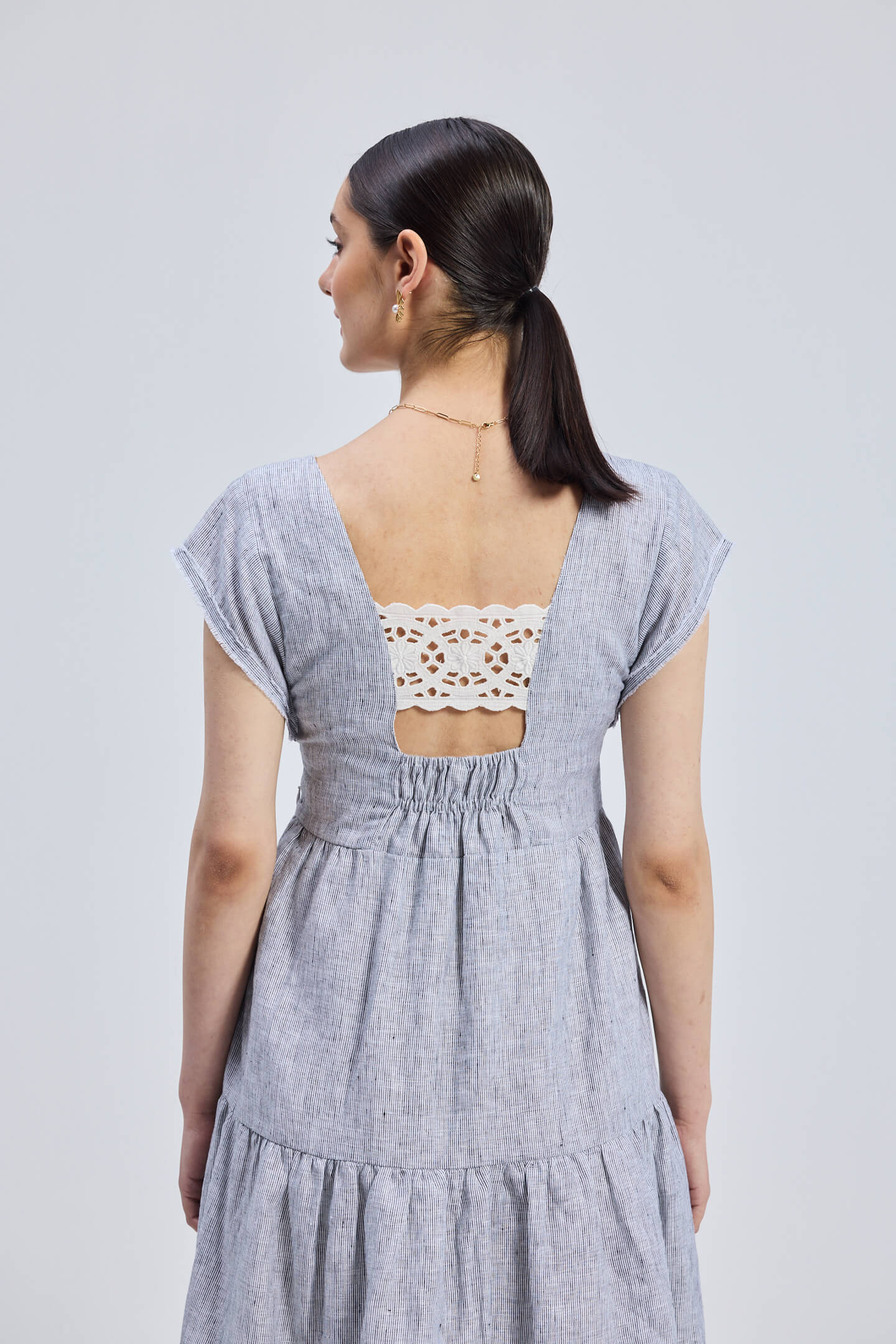 Maxi Tiered Dress with Front-ties in Linen Stripes