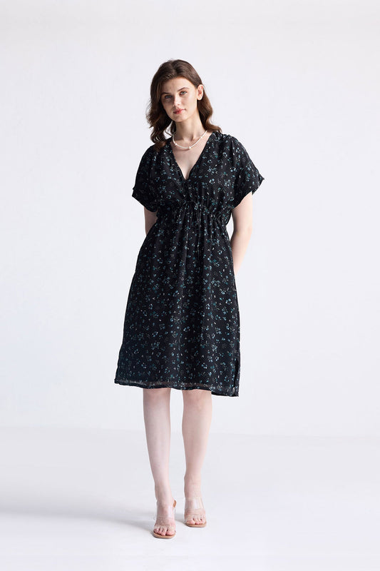 Gathered Knee-length Dress in Dark Blue Florals