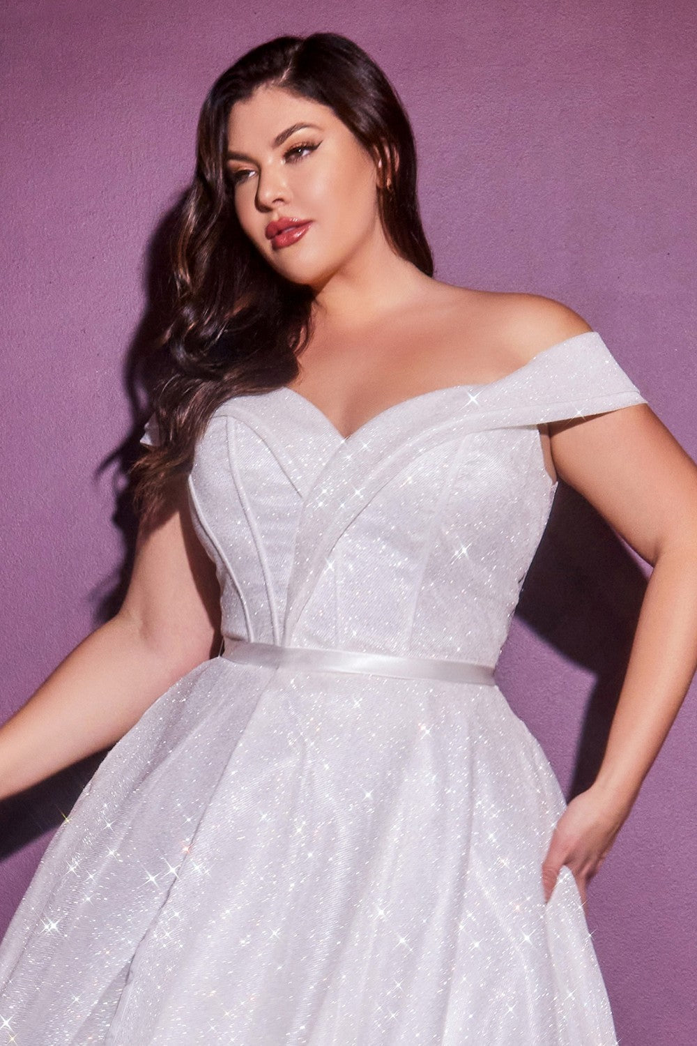 Glitter Off shoulder Bridal Plus Size Dress Structured Corset With Cap Sleeves Modern Curvy Wedding Gown Sexy Leg Slit CDCD214WC Elsy Style Wedding Dress