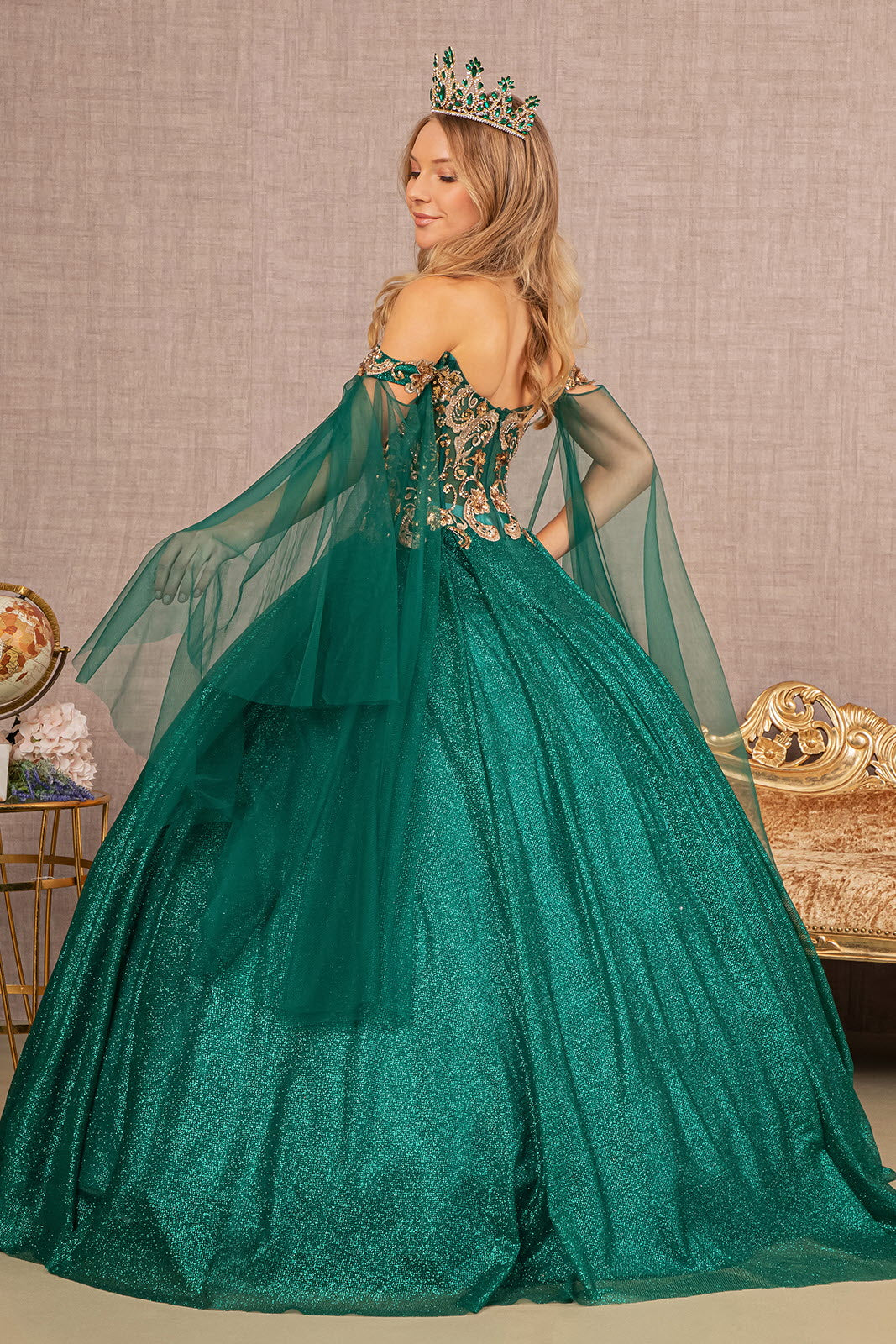 Glitter Sheer Bodice Mesh Ball Gown Detachable Mesh Layers GLGL3139 Elsy Style QUINCEANERA