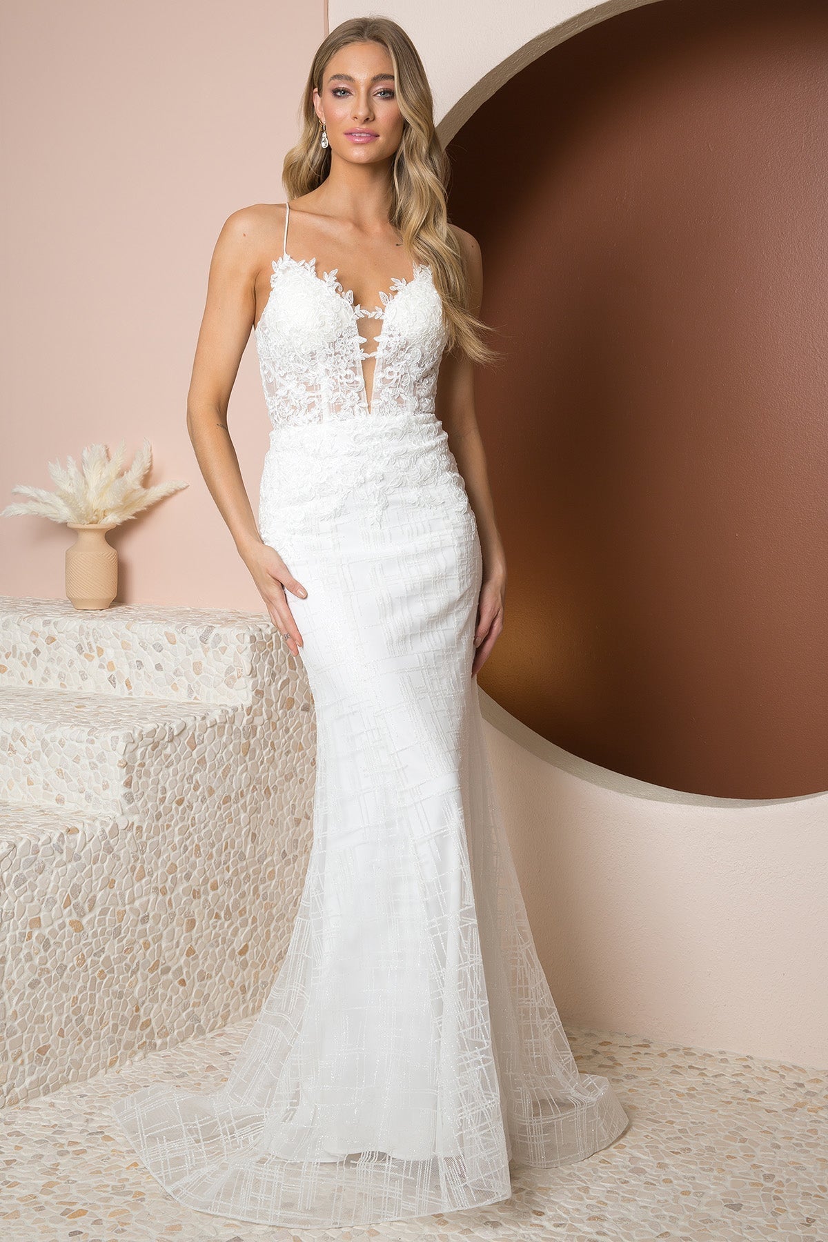Glittery Deep V-Neck Bodice Trumpet Skirt Long Wedding Dress NXR282-1W Elsy Style Wedding Dress