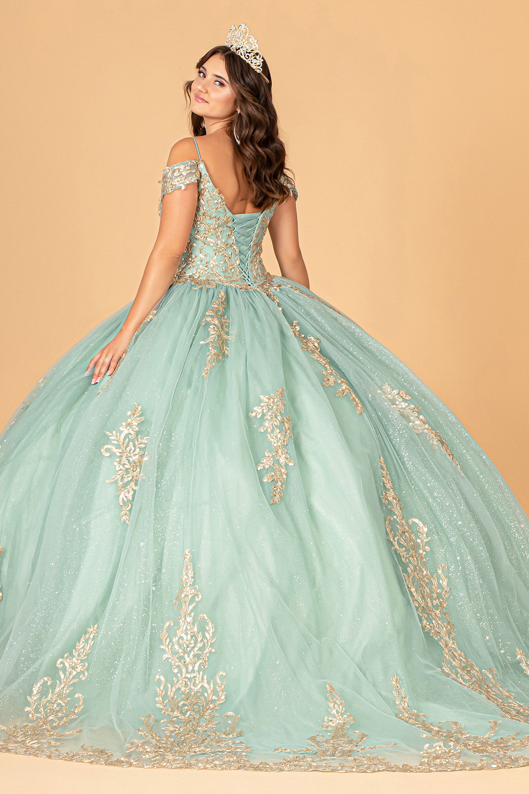 Gold Embroidered Mesh Quinceanera Ball Gown Corset Back GLGL3100 Elsy Style QUINCEANERA