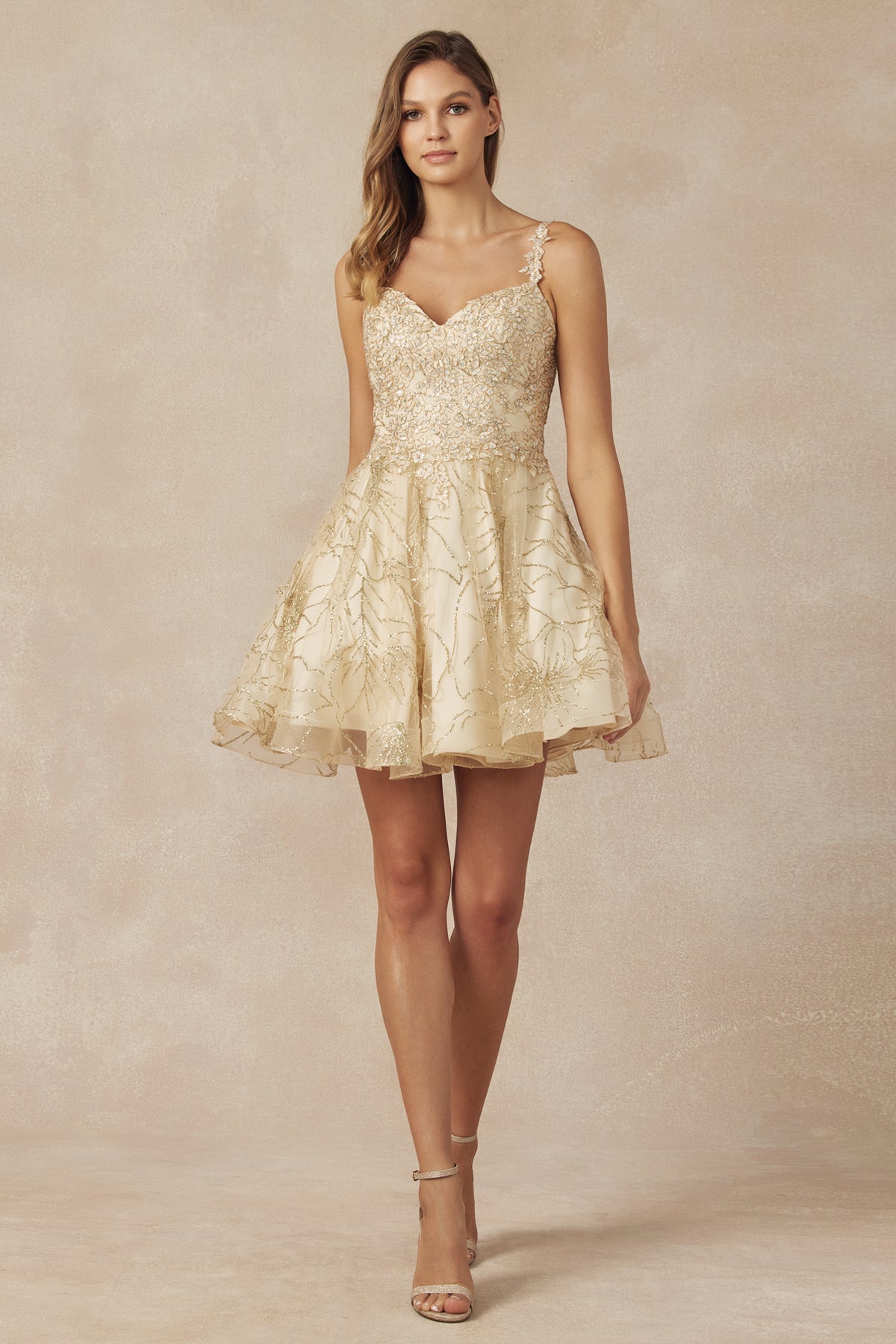 Gold Embroidered Swirling Patterns Short Cocktail & Homecoming Dress JT838 Elsy Style Cocktail Dress