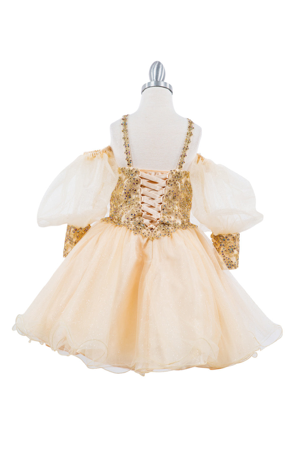 Gold Lace Glitter Tulle Off Shoulder Long Sleeves Kids Dress CU5113 Elsy Style Kids Dress