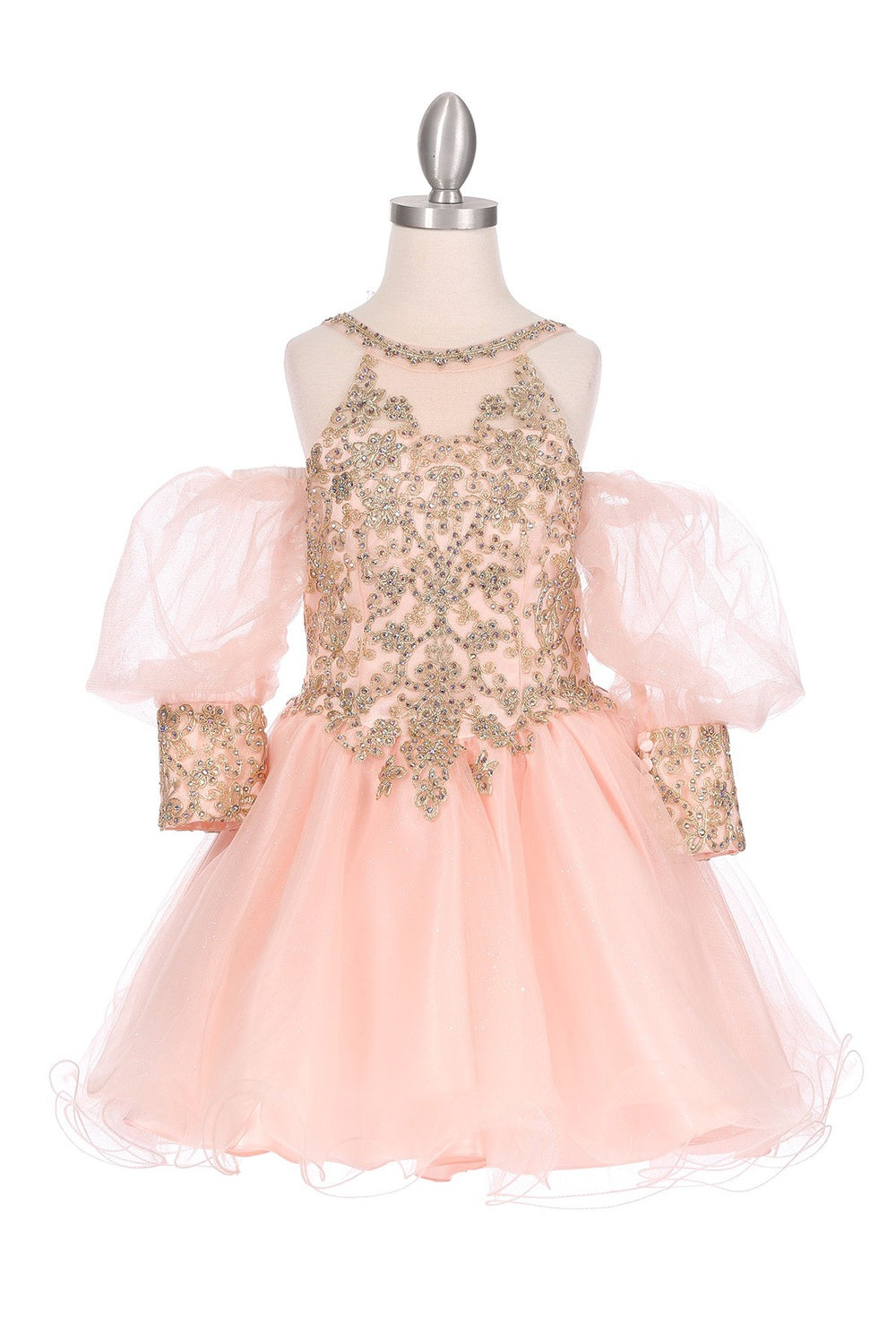 Gold Lace Glitter Tulle Off Shoulder Long Sleeves Kids Dress CU5113 Elsy Style Kids Dress