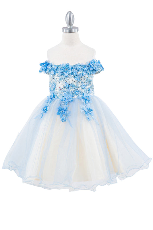 Gorgeous Off Shoulder Two Tone Lace Decorated in 3D Flowers Kids Dress CU9130 Elsy Style Kids Dress