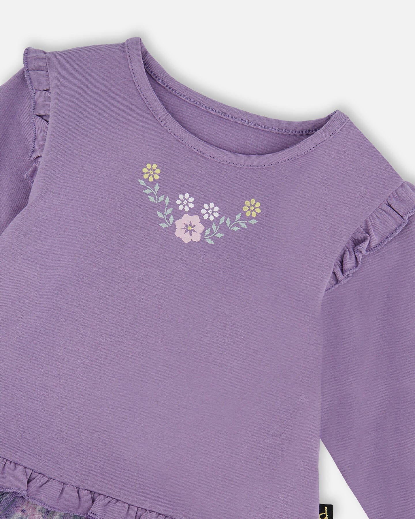 Bi-Material Dress With Muslin And Mesh Skirt Purple Gray