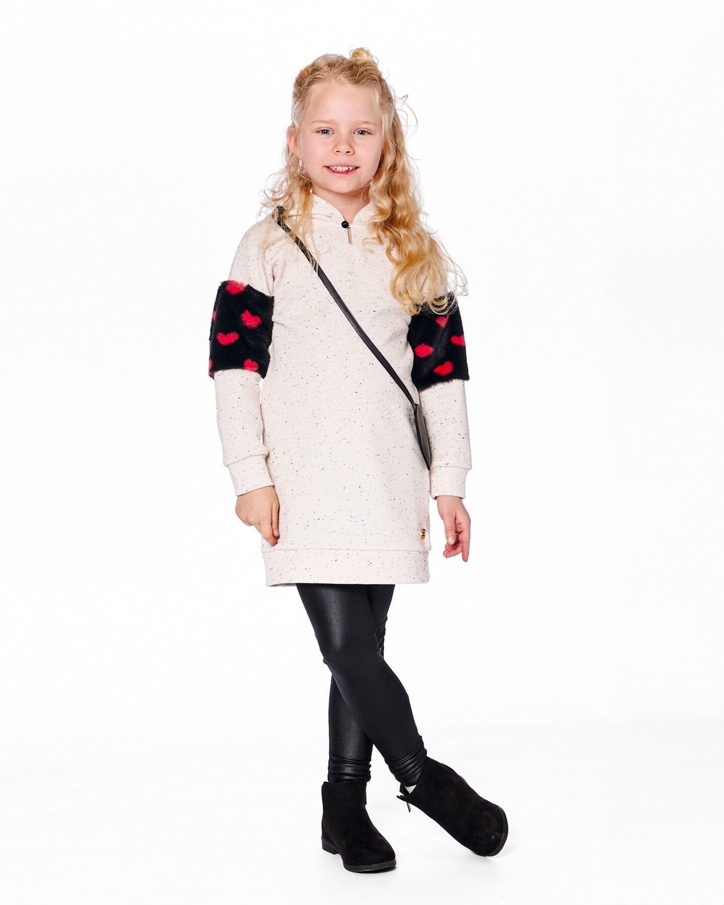 Hooded Glittering French Terry Dress Beige With Heart Bag