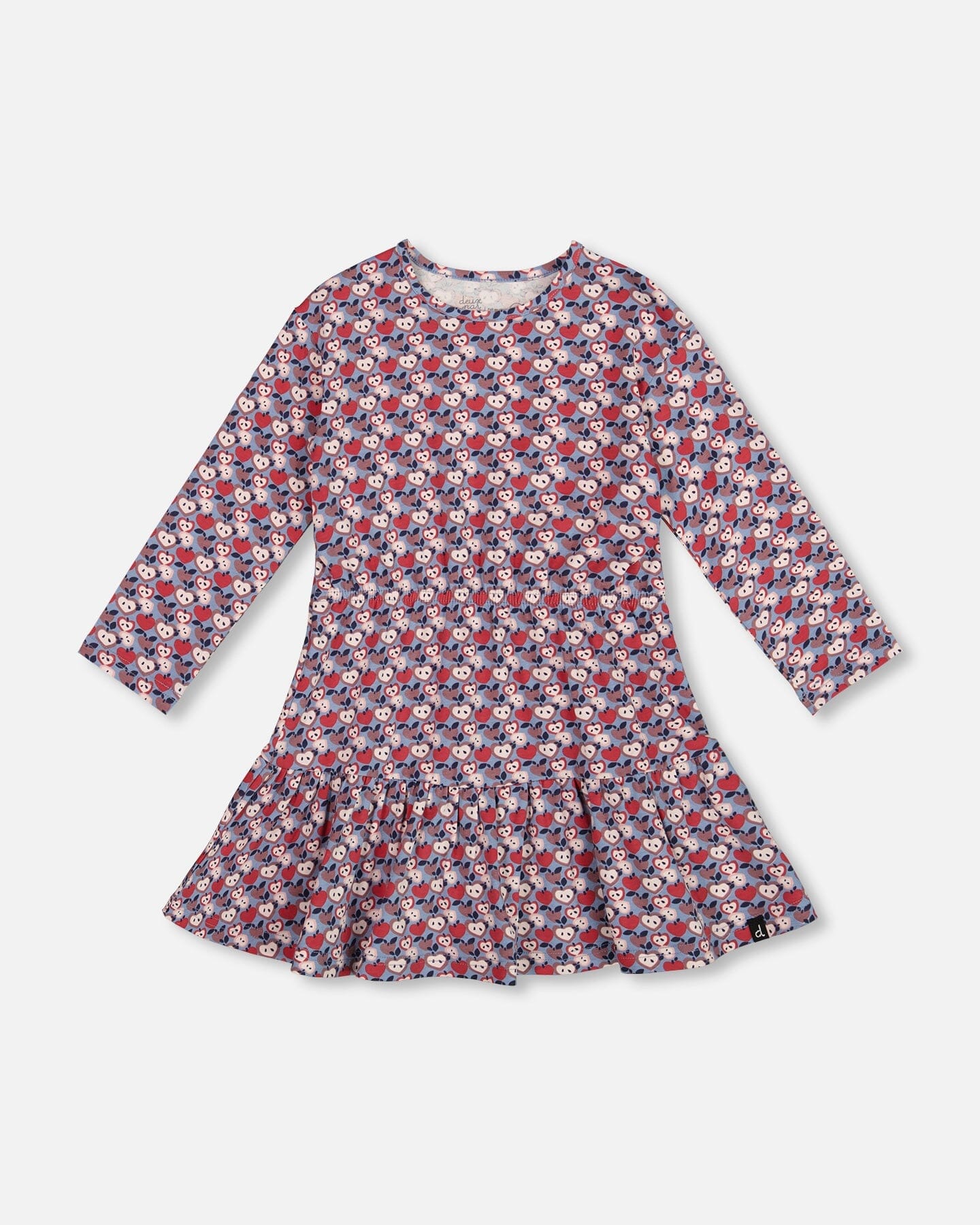 Organic Cotton Dress With Flounce Hem Blue Apple Print