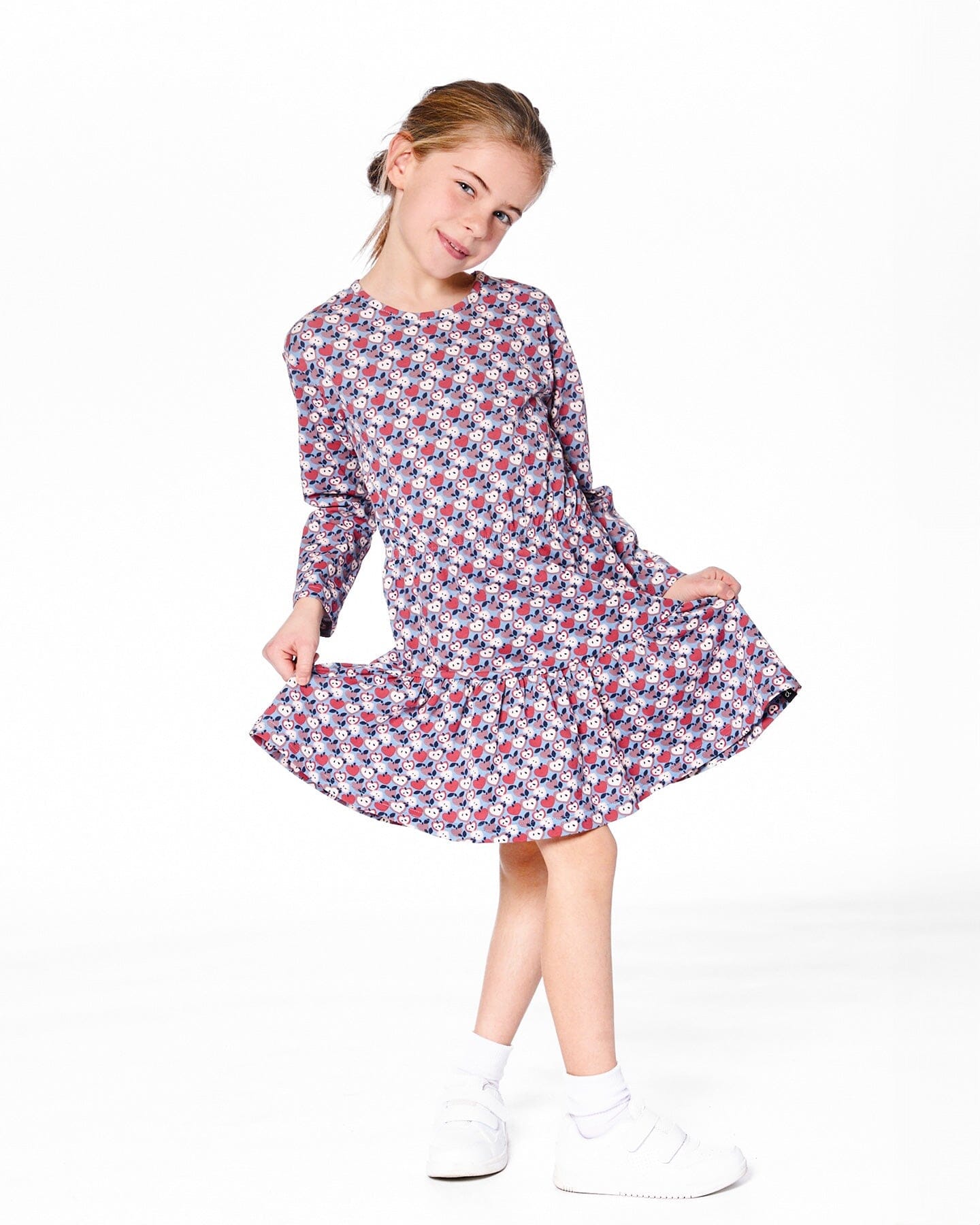 Organic Cotton Dress With Flounce Hem Blue Apple Print